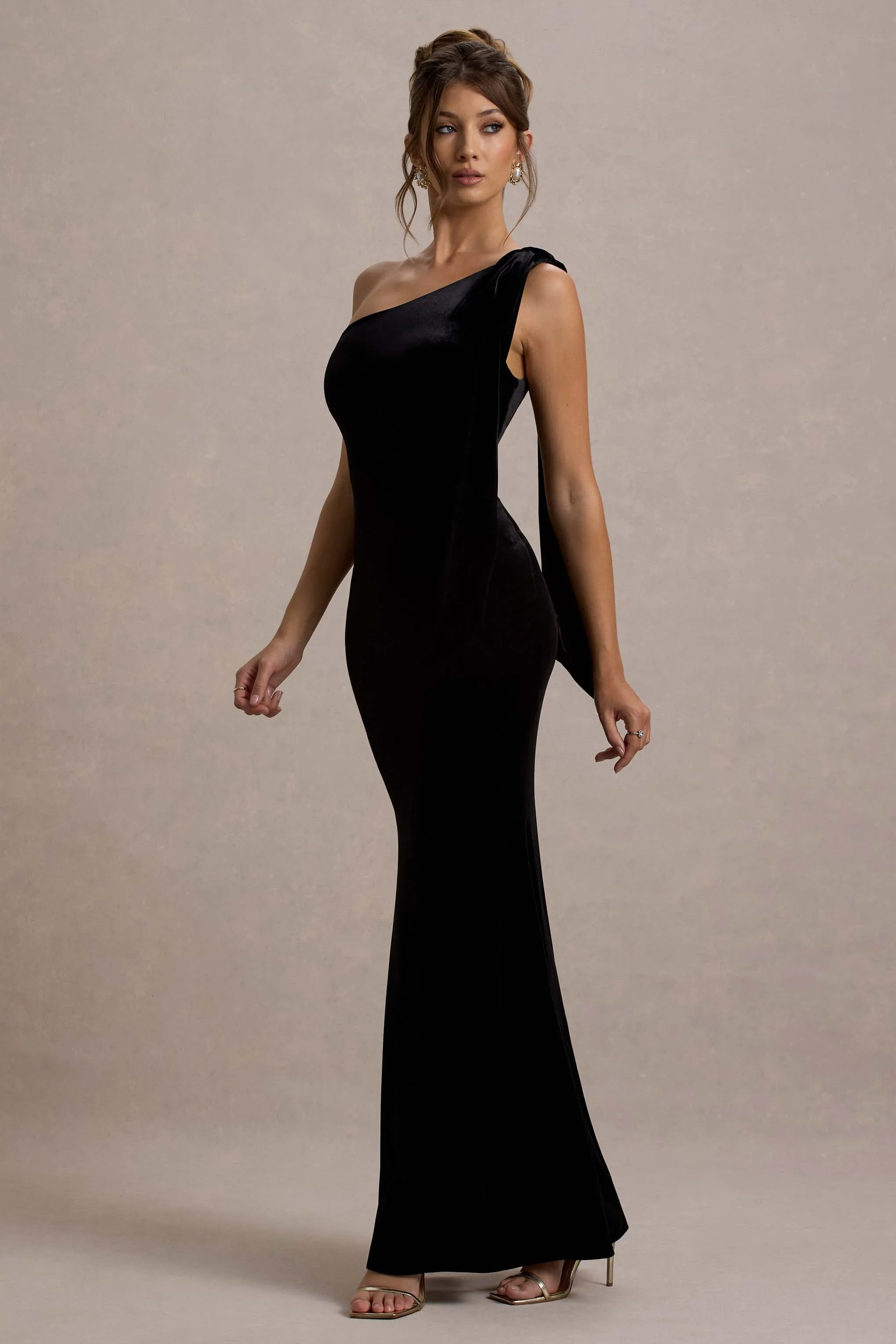 Jillian | Black Velvet Asymmetric Maxi Dress With Bow Strap Club L London