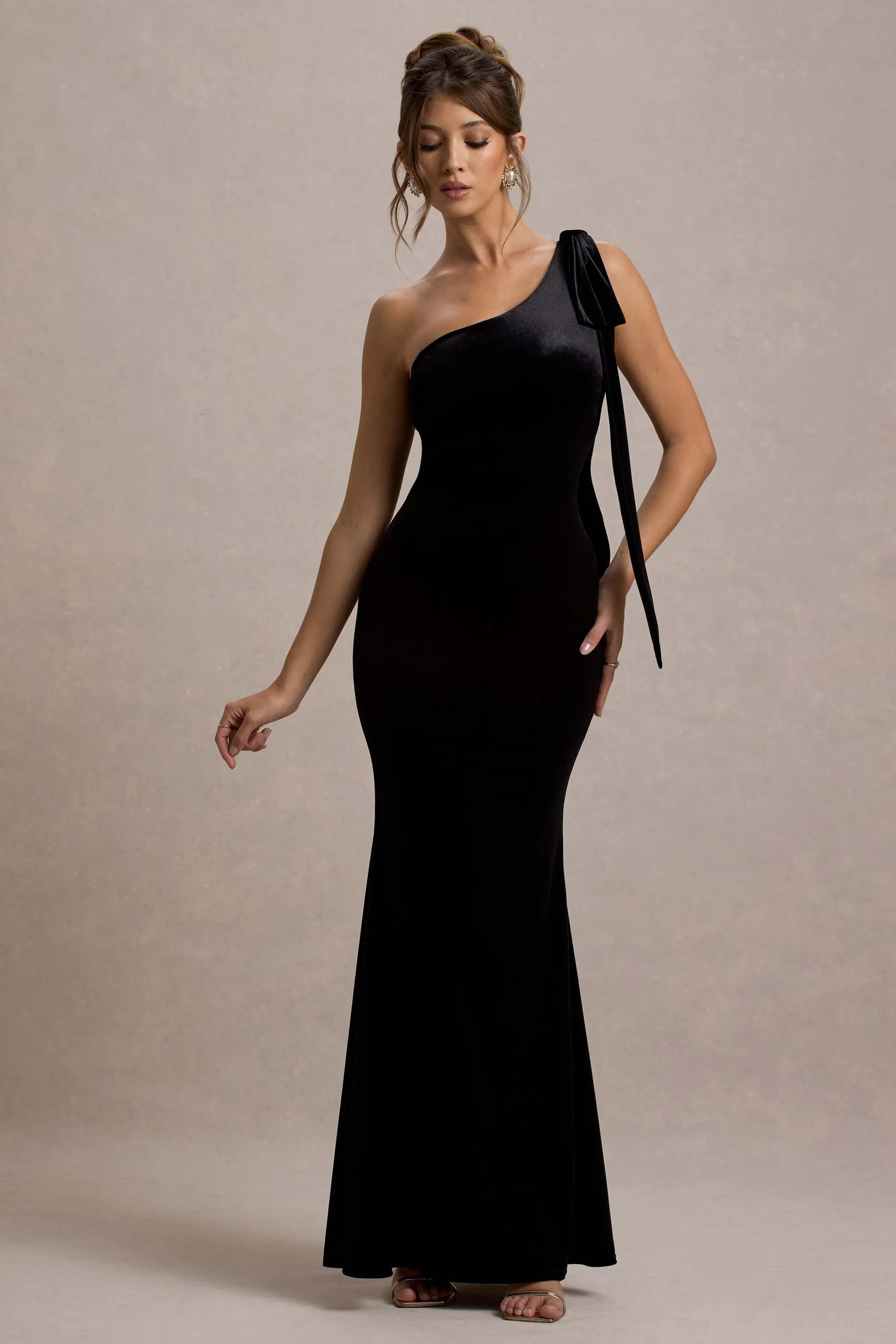 Jillian | Black Velvet Asymmetric Maxi Dress With Bow Strap Club L London