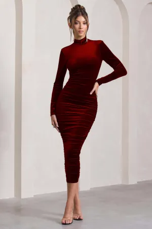 Joanna | Berry Velvet High-Neck Backless Midi Dress Club L London