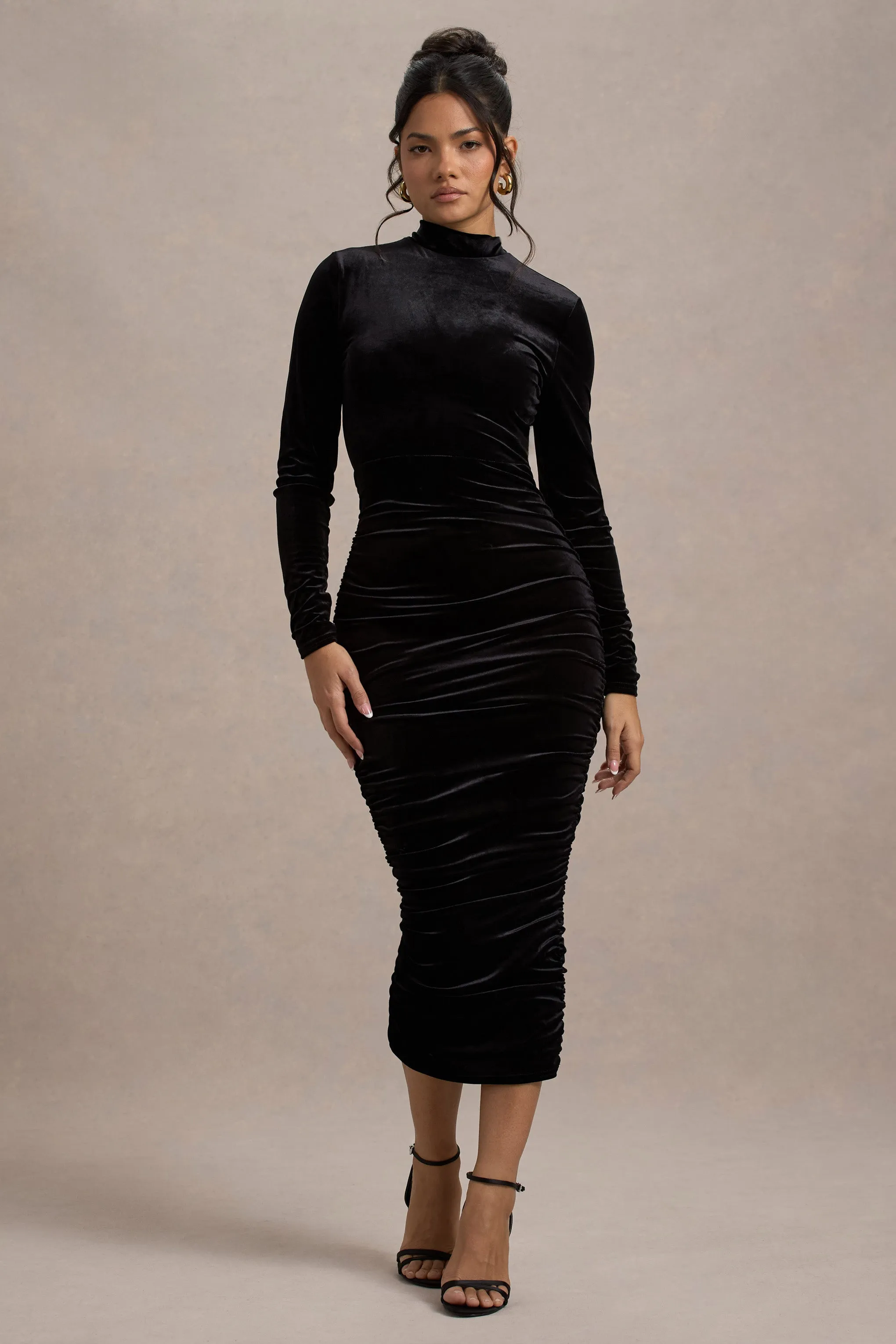 Joanna | Black Velvet High-Neck Backless Midi Dress Club L London
