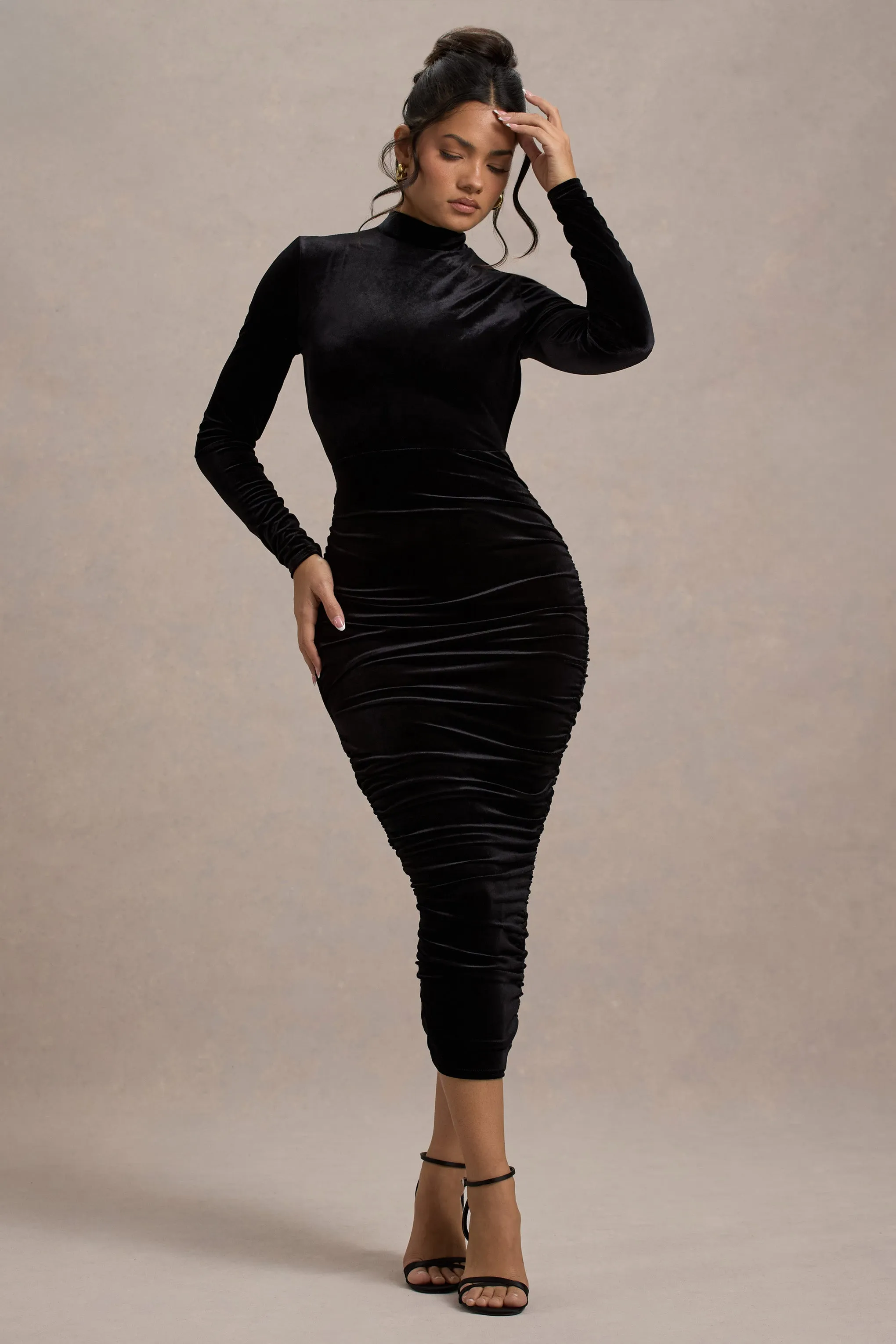 Joanna | Black Velvet High-Neck Backless Midi Dress Club L London