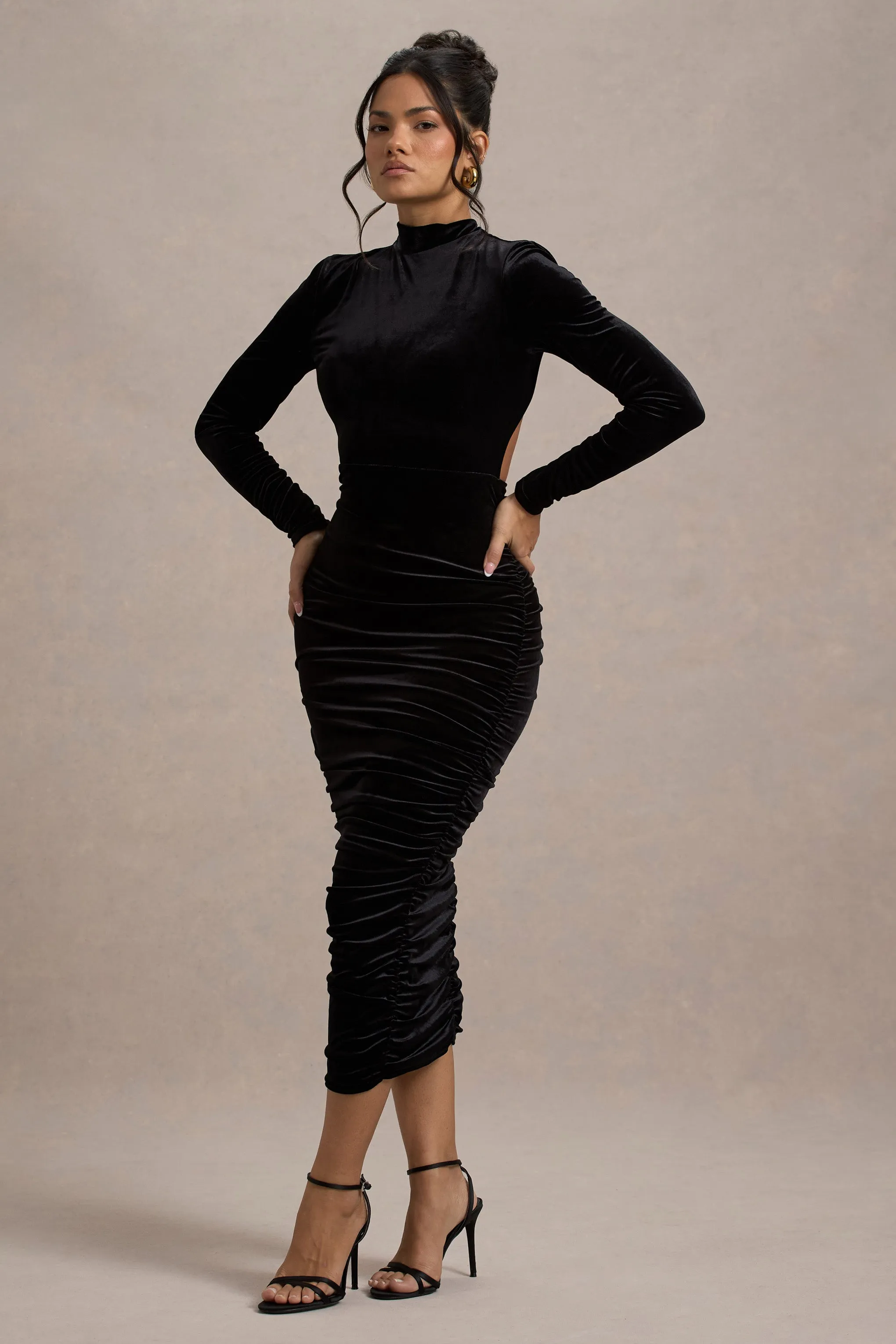 Joanna | Black Velvet High-Neck Backless Midi Dress Club L London