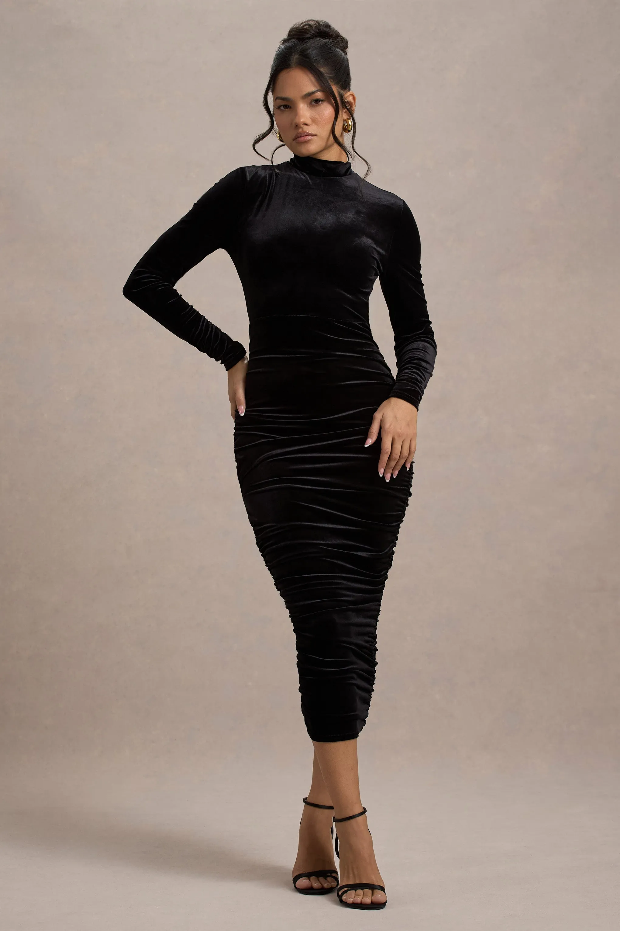 Joanna | Black Velvet High-Neck Backless Midi Dress Club L London