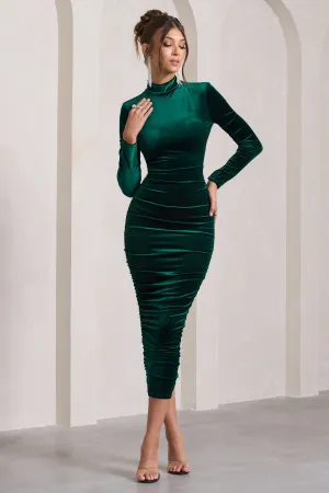 Joanna | Bottle Green Velvet High-Neck Backless Midi Dress Club L London