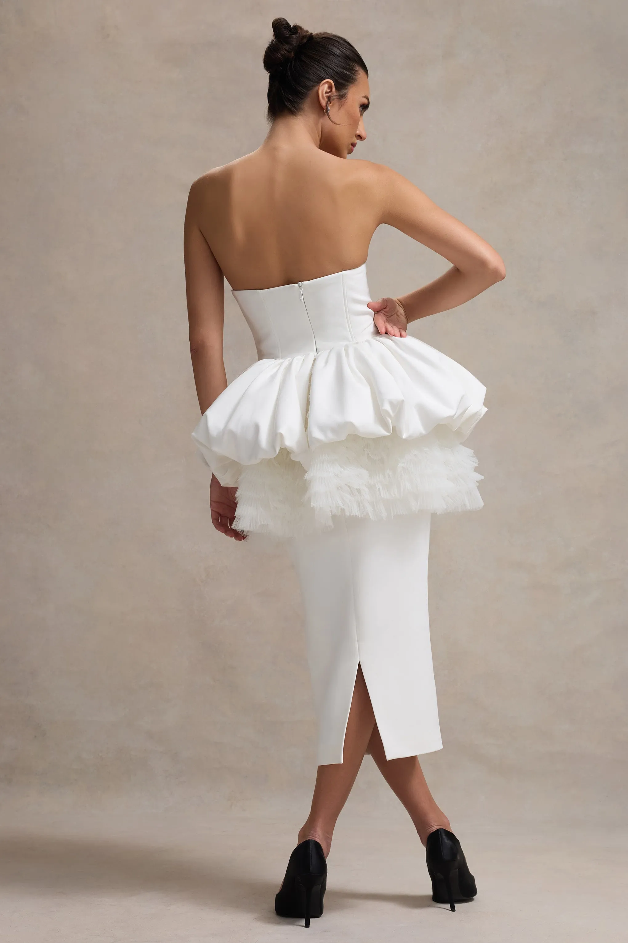 Jones | White Strapless Midi Dress With Tulle Peplum Waist Club L London