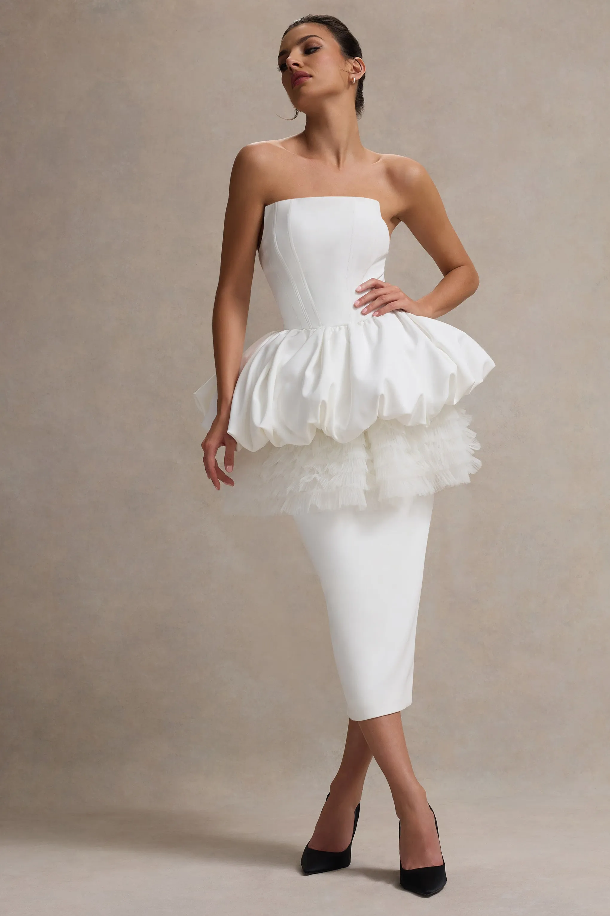 Jones | White Strapless Midi Dress With Tulle Peplum Waist Club L London