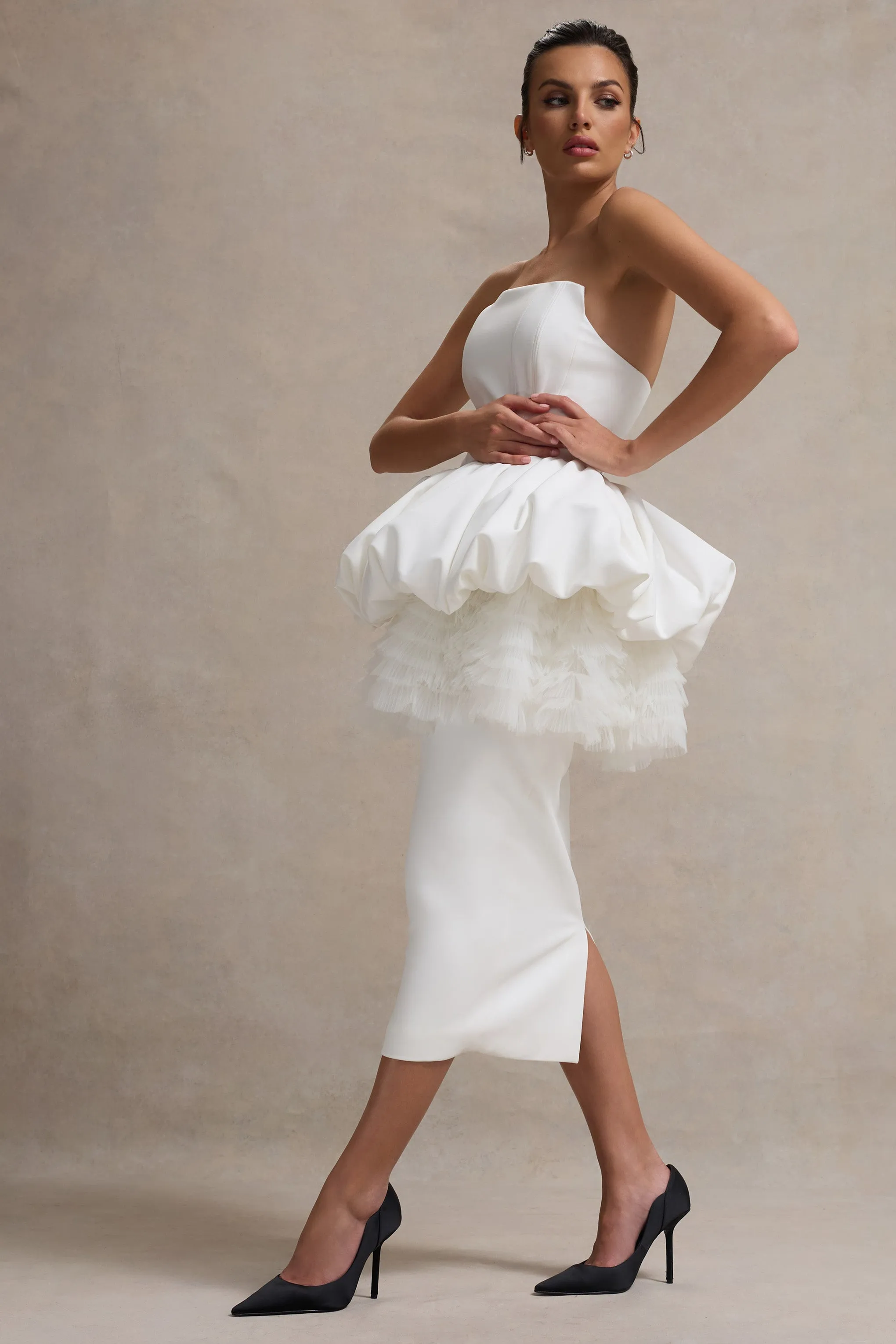 Jones | White Strapless Midi Dress With Tulle Peplum Waist Club L London