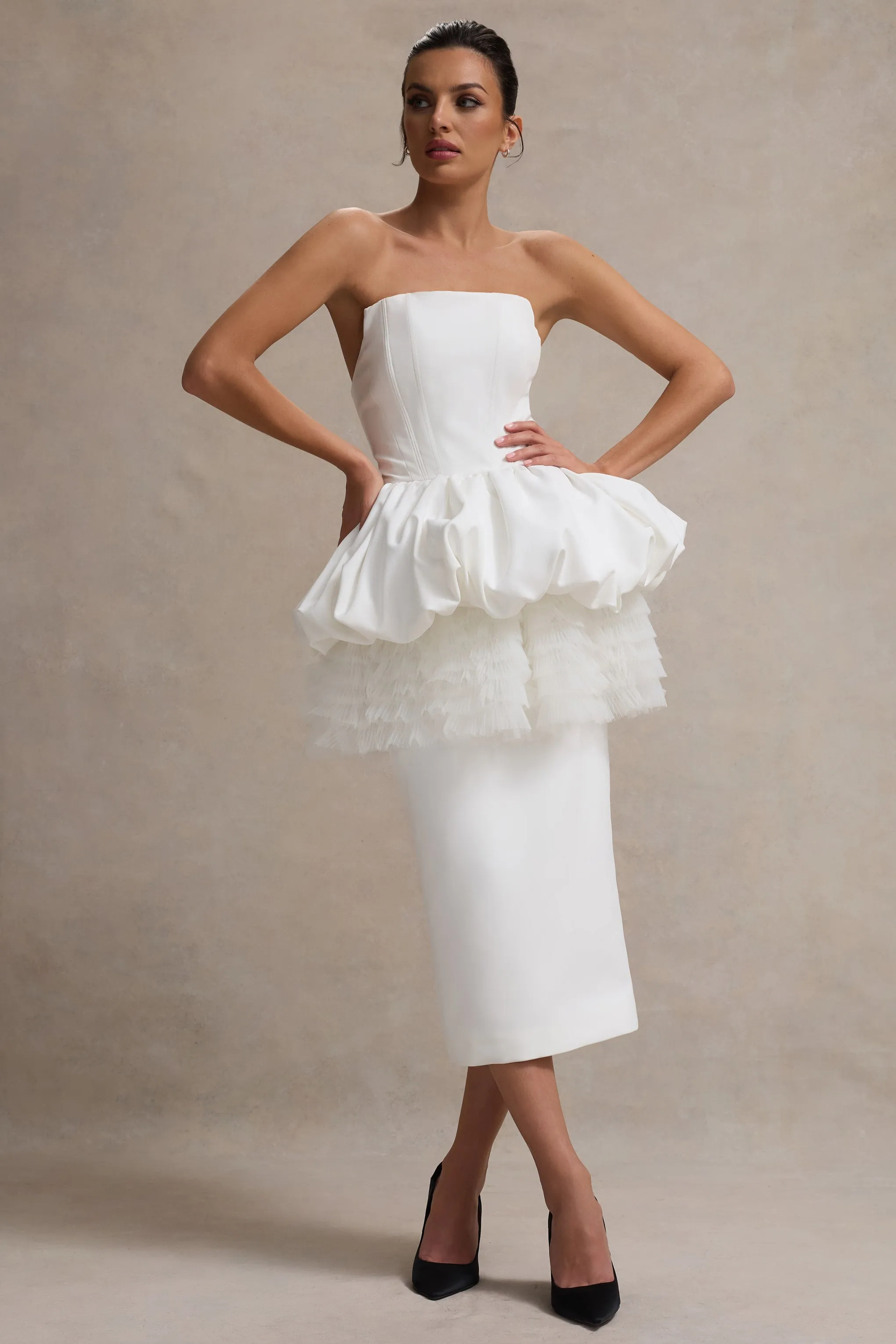 Jones | White Strapless Midi Dress With Tulle Peplum Waist Club L London