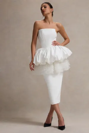Jones | White Strapless Midi Dress With Tulle Peplum Waist Club L London