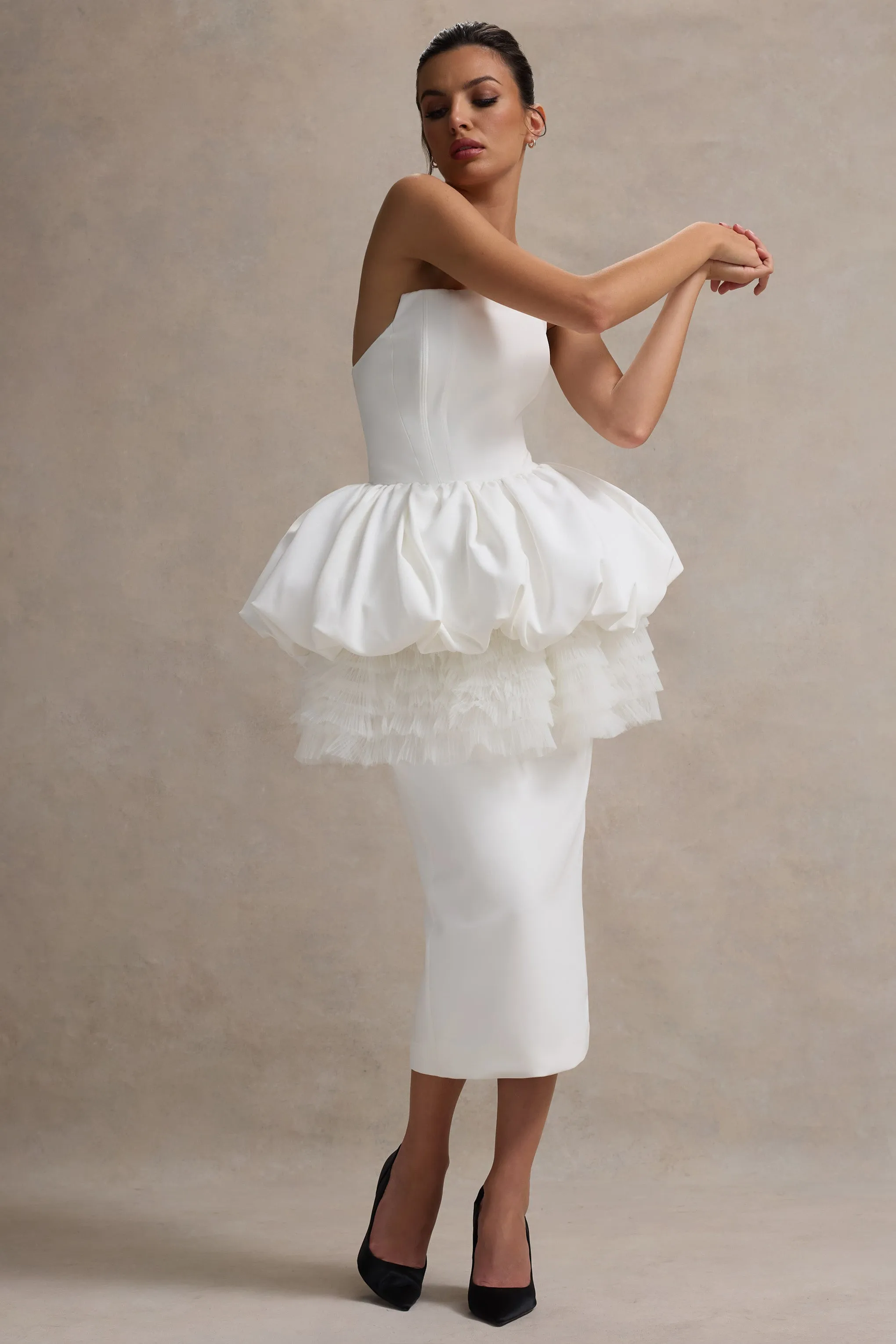 Jones | White Strapless Midi Dress With Tulle Peplum Waist Club L London