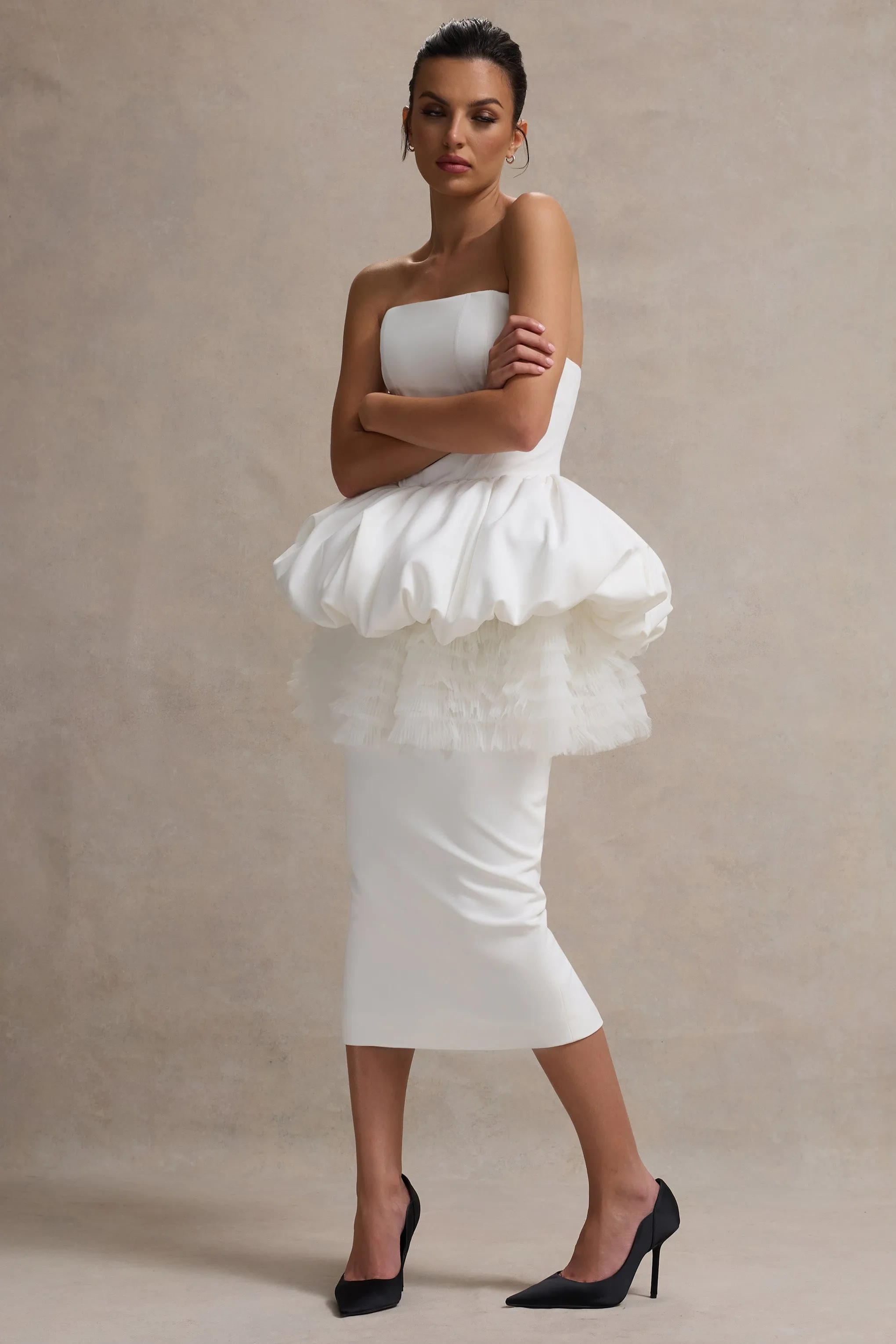 Jones | White Strapless Midi Dress With Tulle Peplum Waist Club L London
