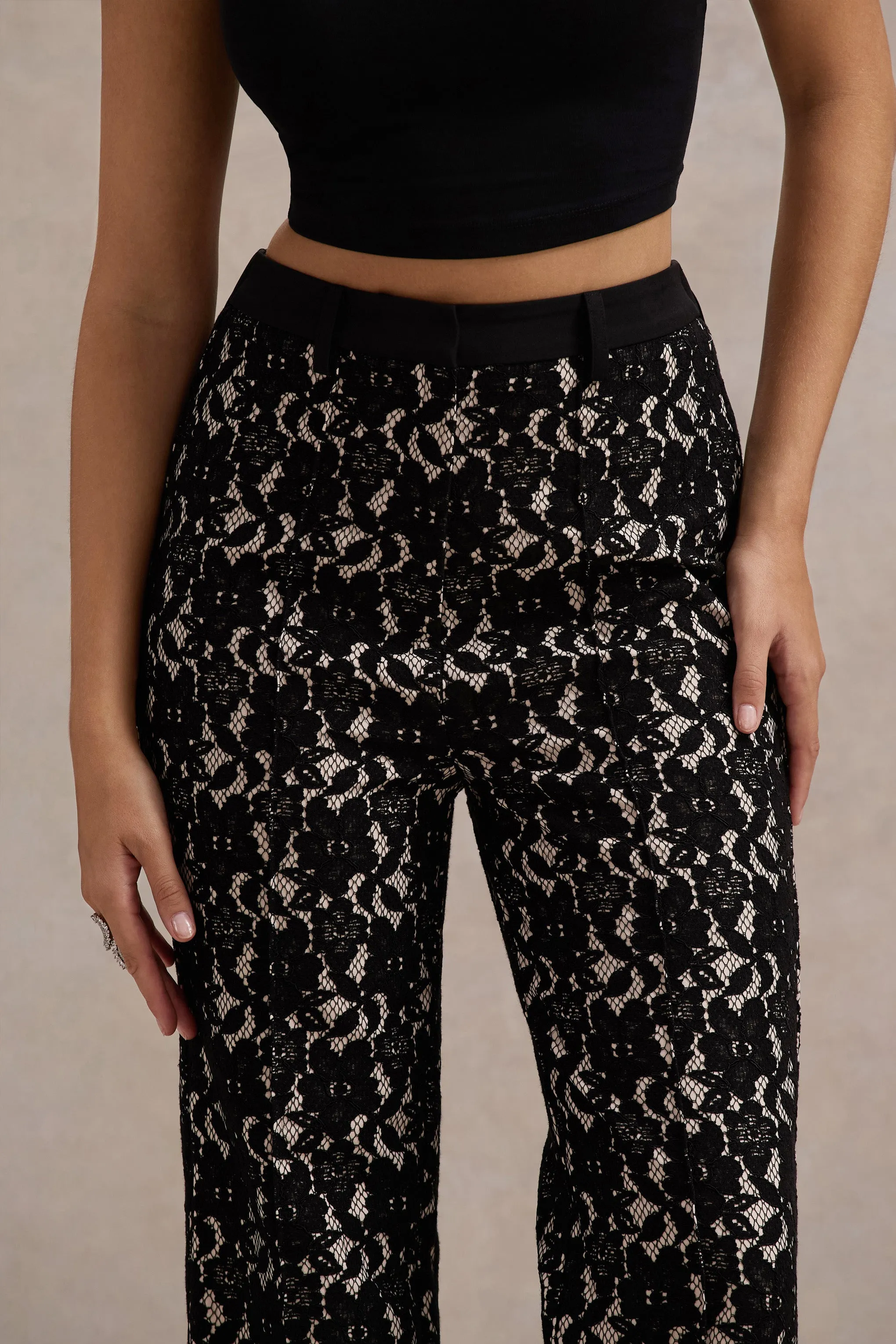 Jordanne | Black Lace Flared-Leg Trousers Club L London