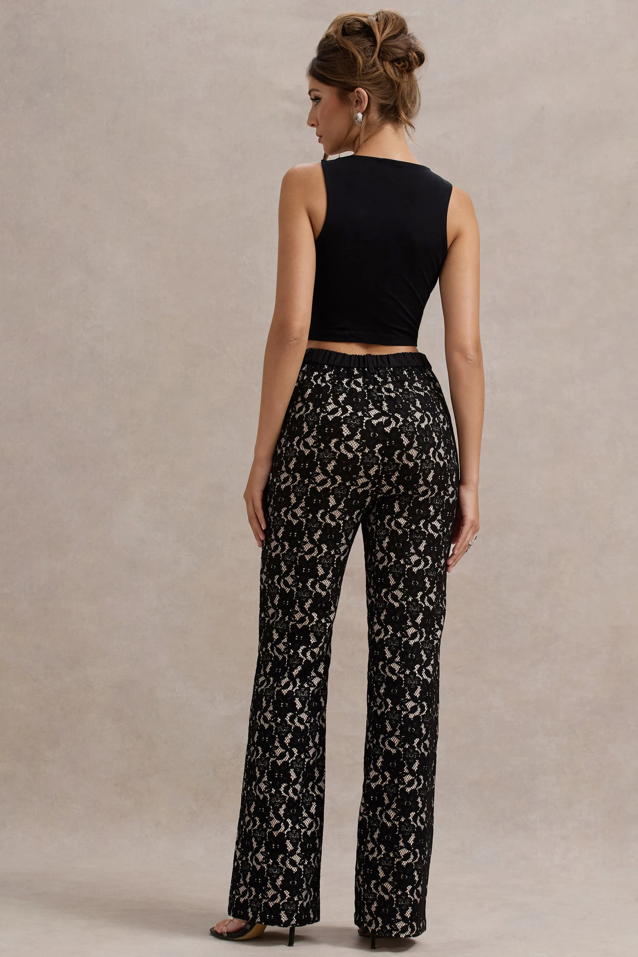 Jordanne | Black Lace Flared-Leg Trousers Club L London
