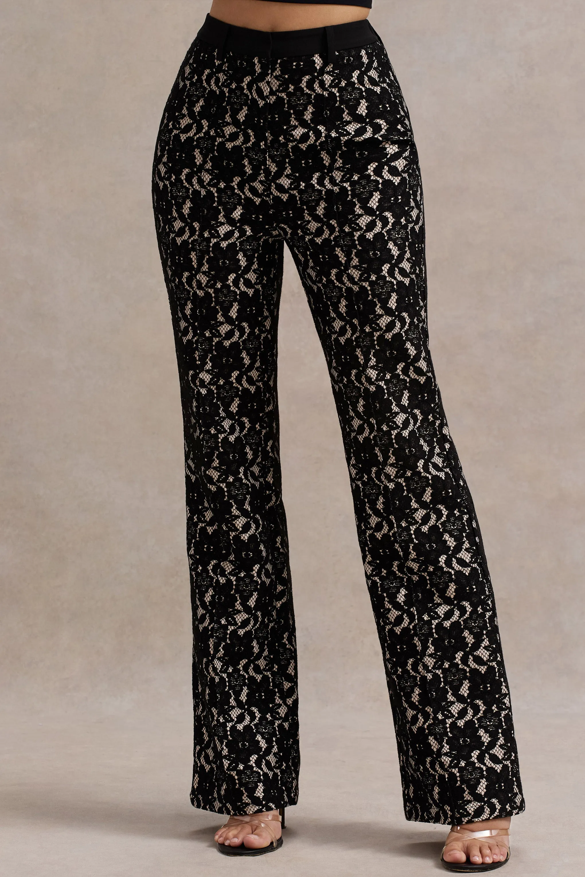 Jordanne | Black Lace Flared-Leg Trousers Club L London