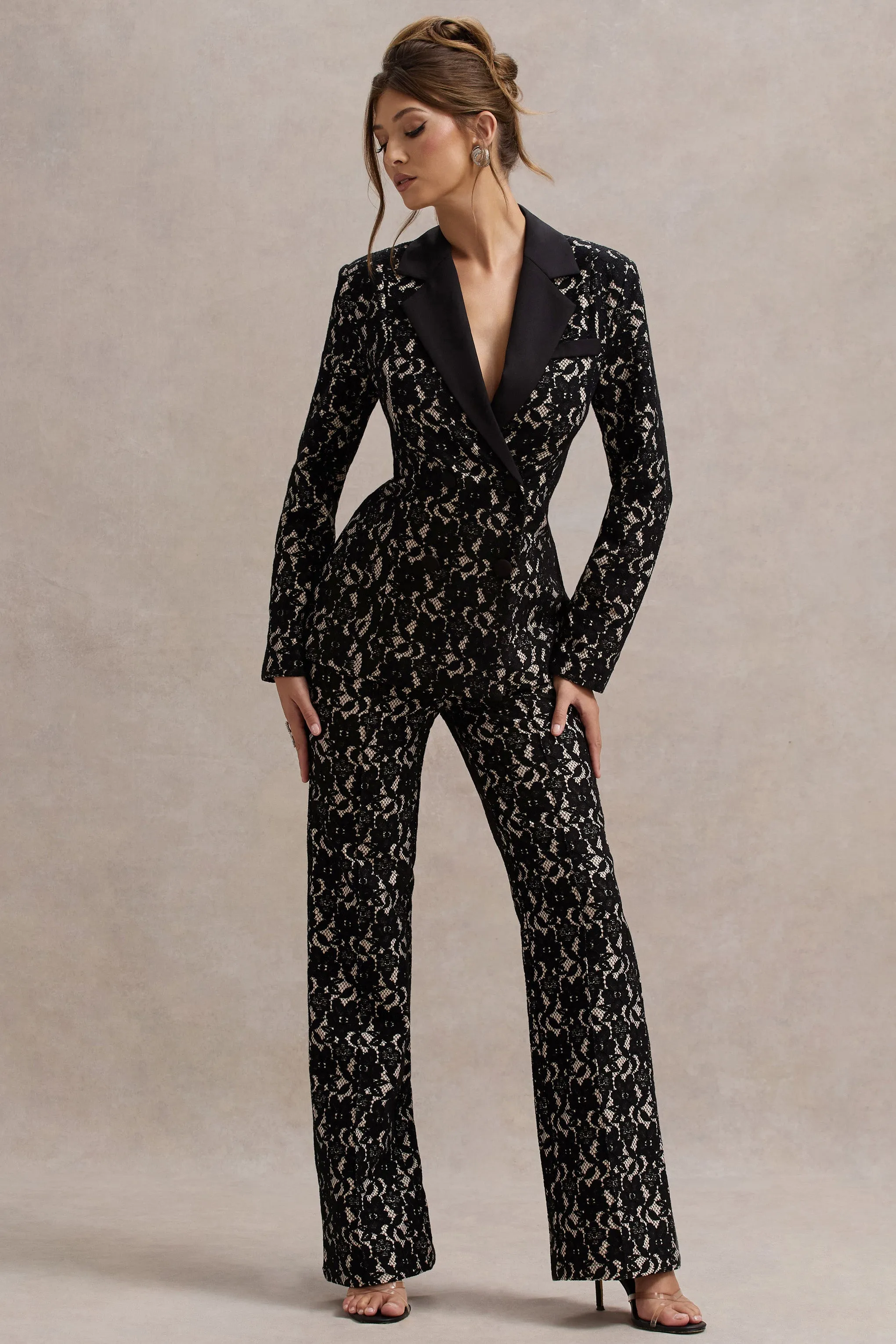 Jordanne | Black Lace Flared-Leg Trousers Club L London