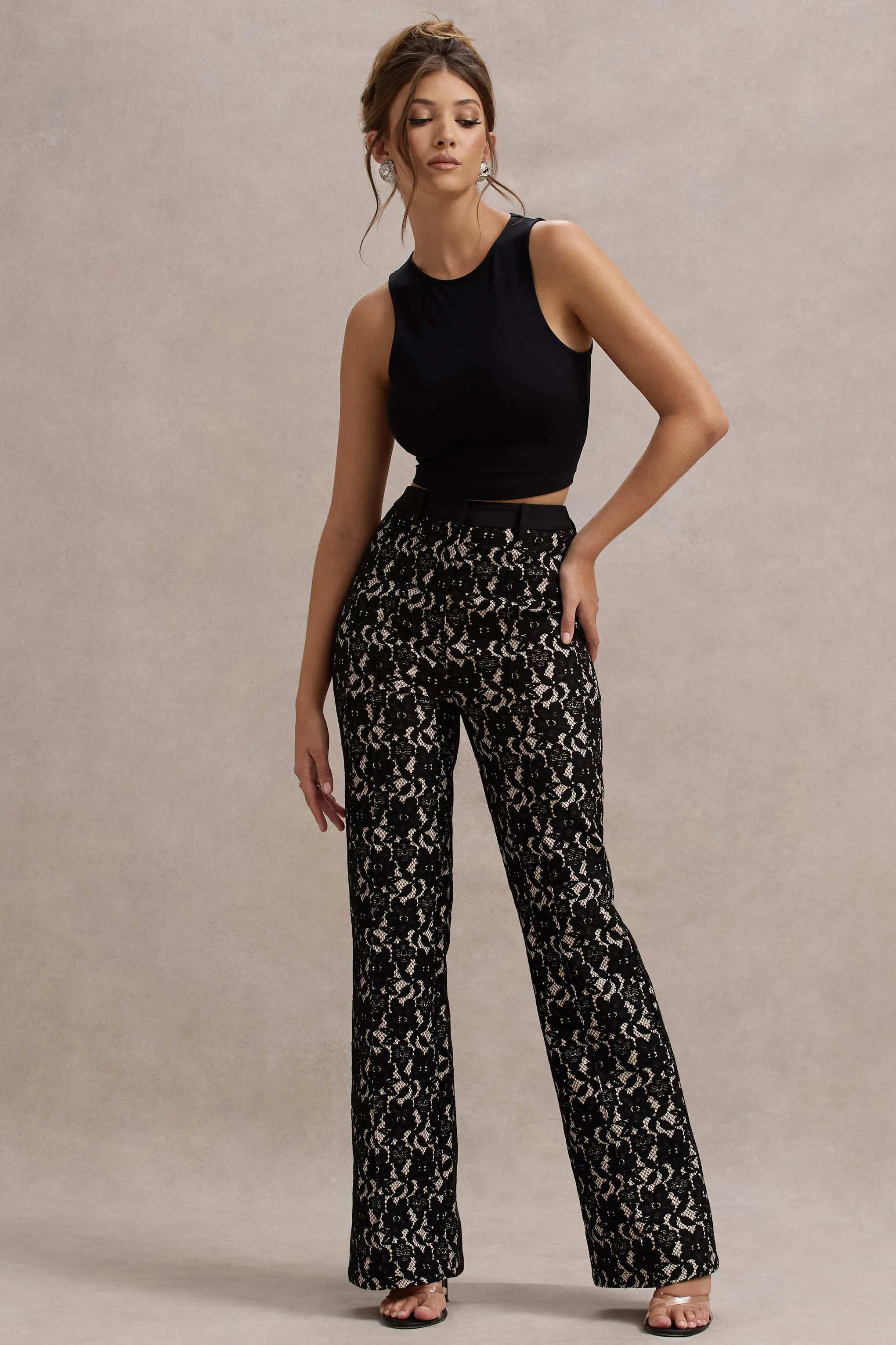 Jordanne | Black Lace Flared-Leg Trousers Club L London