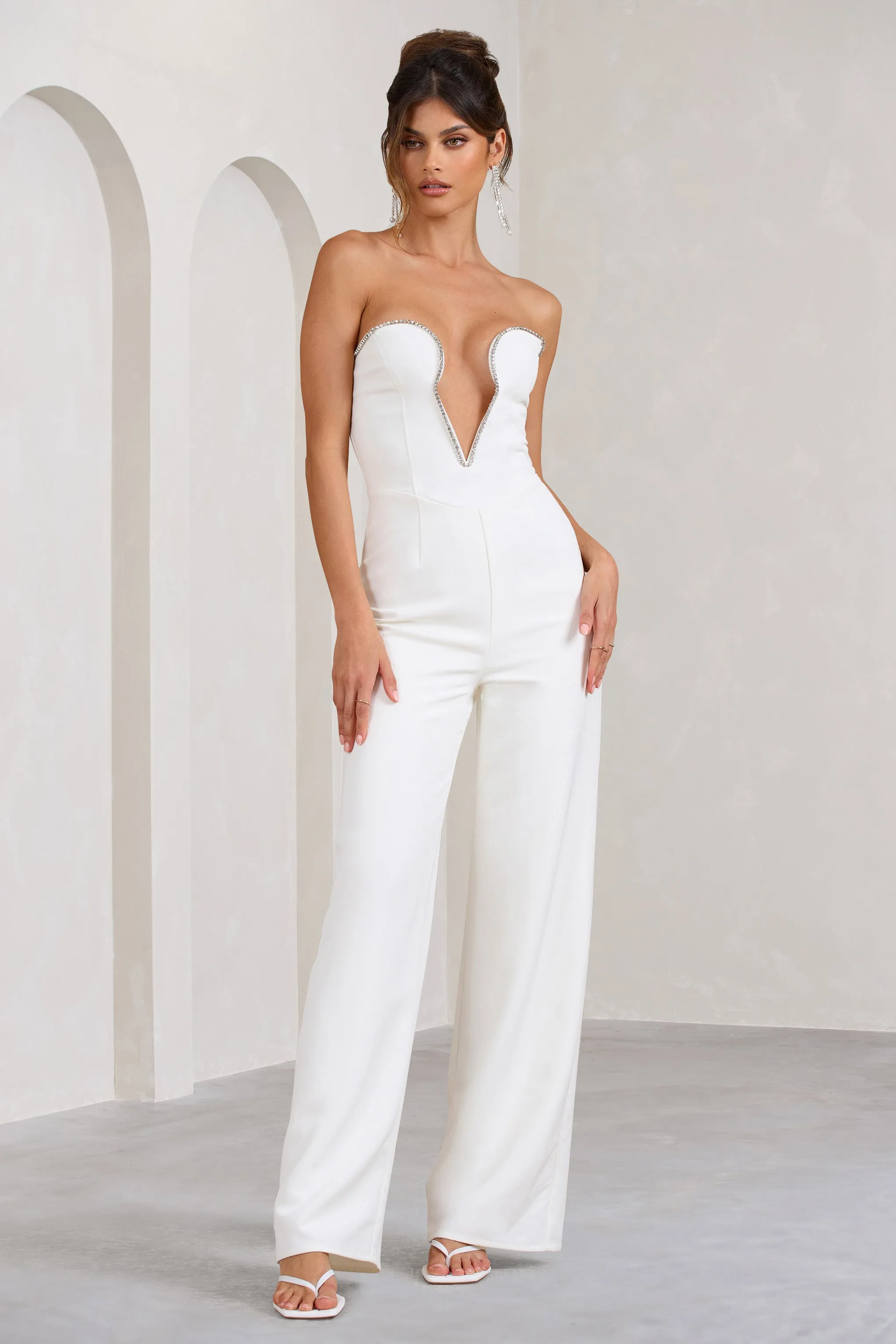 Julia | White Extreme Plunge Cut Out Wide Leg Jumpsuit Club L London