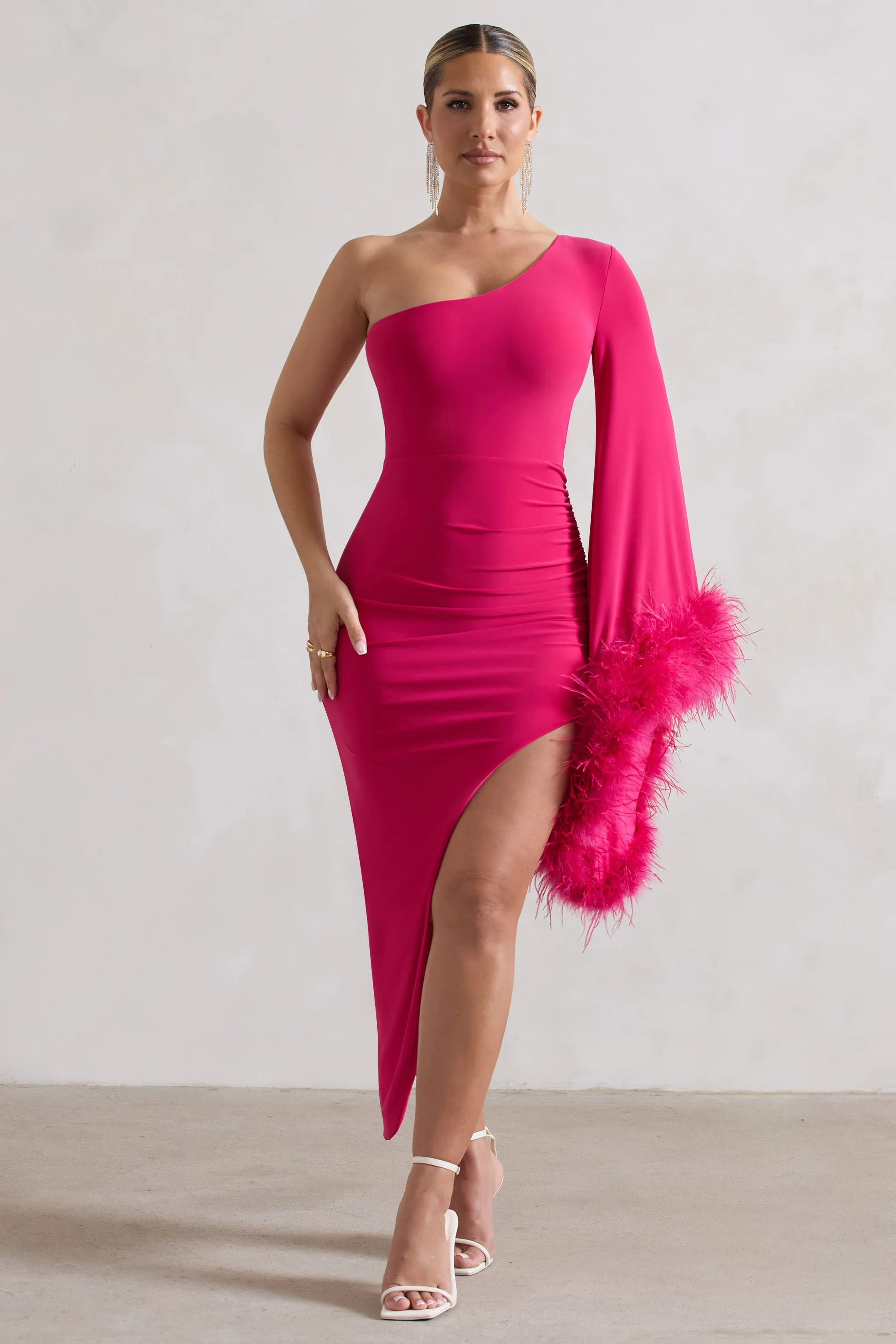 July | Dark Pink Asymmetric One Shoulder Cape Midi Dress With Feathers Club L London
