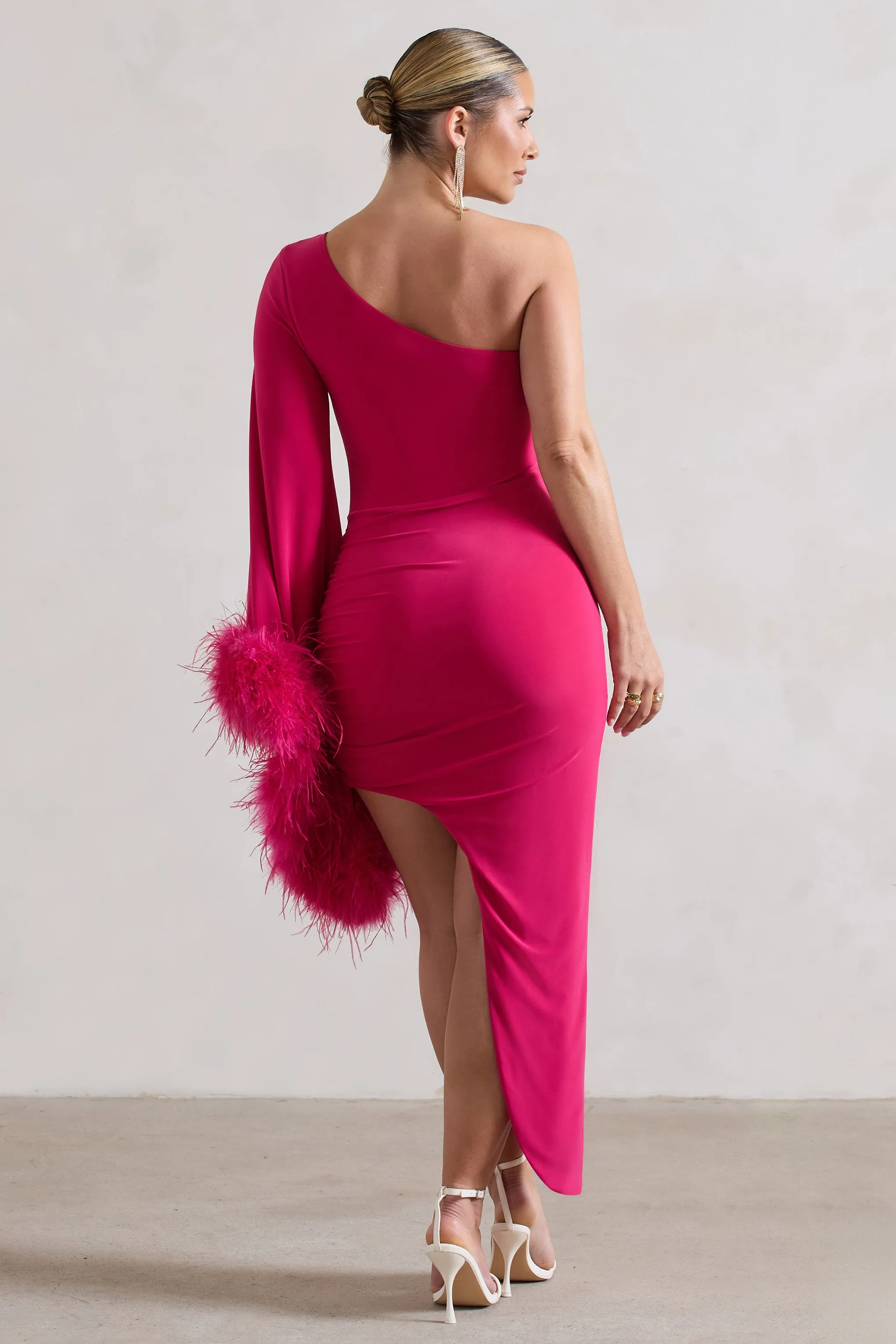 July | Dark Pink Asymmetric One Shoulder Cape Midi Dress With Feathers Club L London