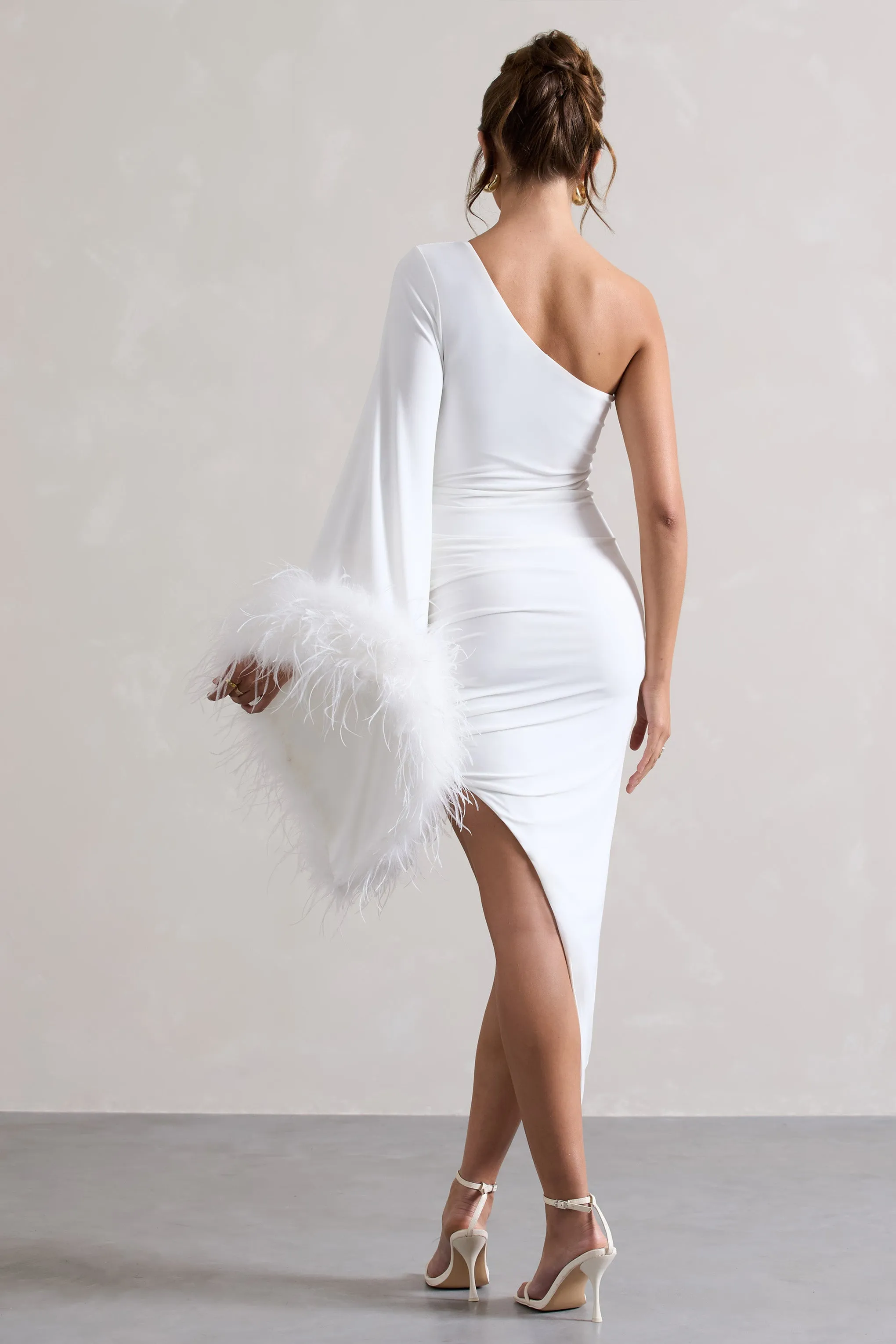 July | White Asymmetric One Shoulder Cape Midi Dress With Feathers Club L London