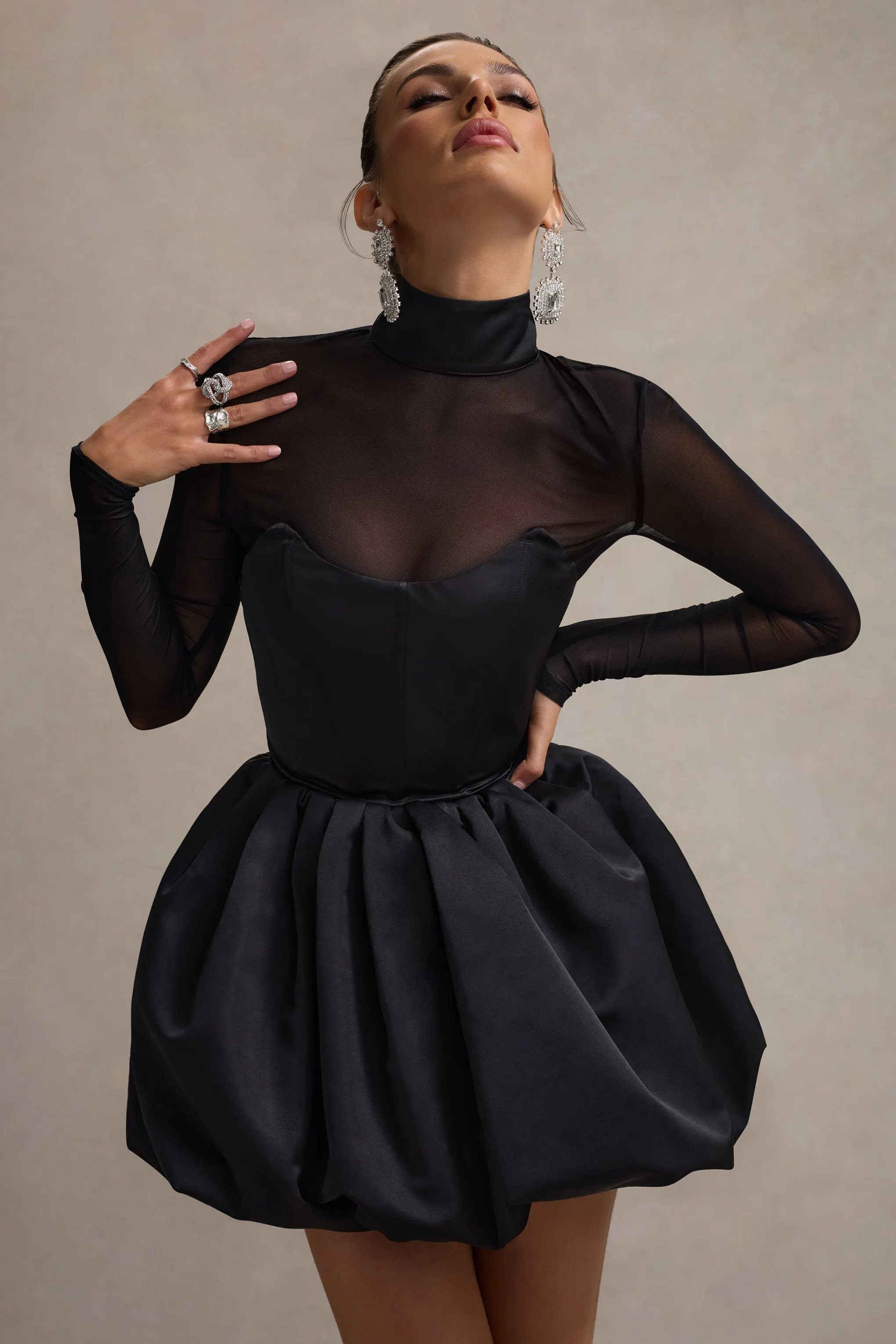 Jupiter | Black Satin High-Neck Mini Dress With Sheer Sleeves Club L London