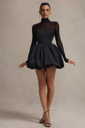 Jupiter | Black Satin High-Neck Mini Dress With Sheer Sleeves Club L London