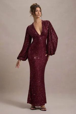 Kaelin | Berry Sequin Plunge-Neck Maxi Dress Club L London