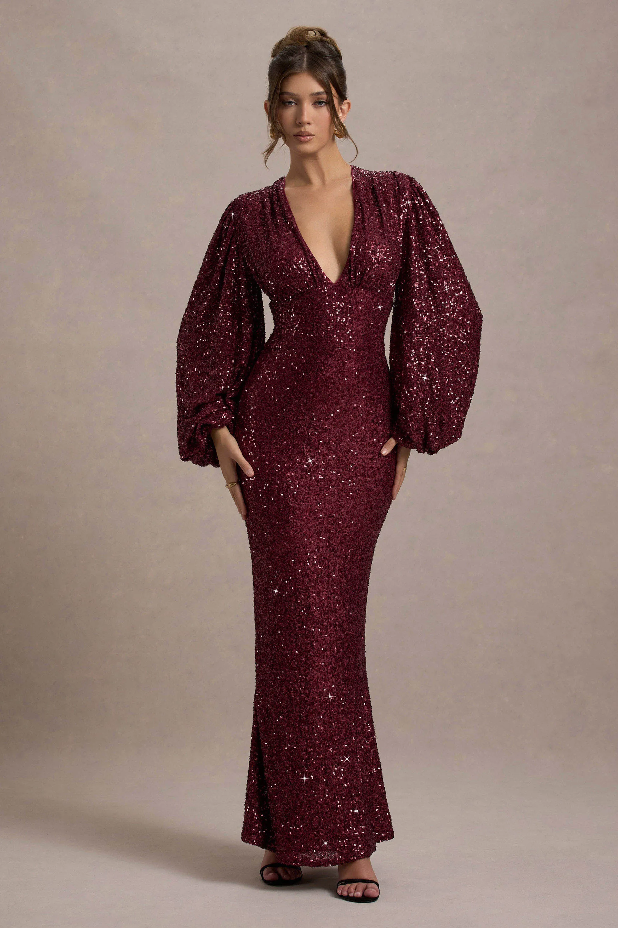 Kaelin | Berry Sequin Plunge-Neck Maxi Dress Club L London