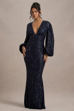Kaelin | Navy Sequin Plunge-Neck Maxi Dress Club L London