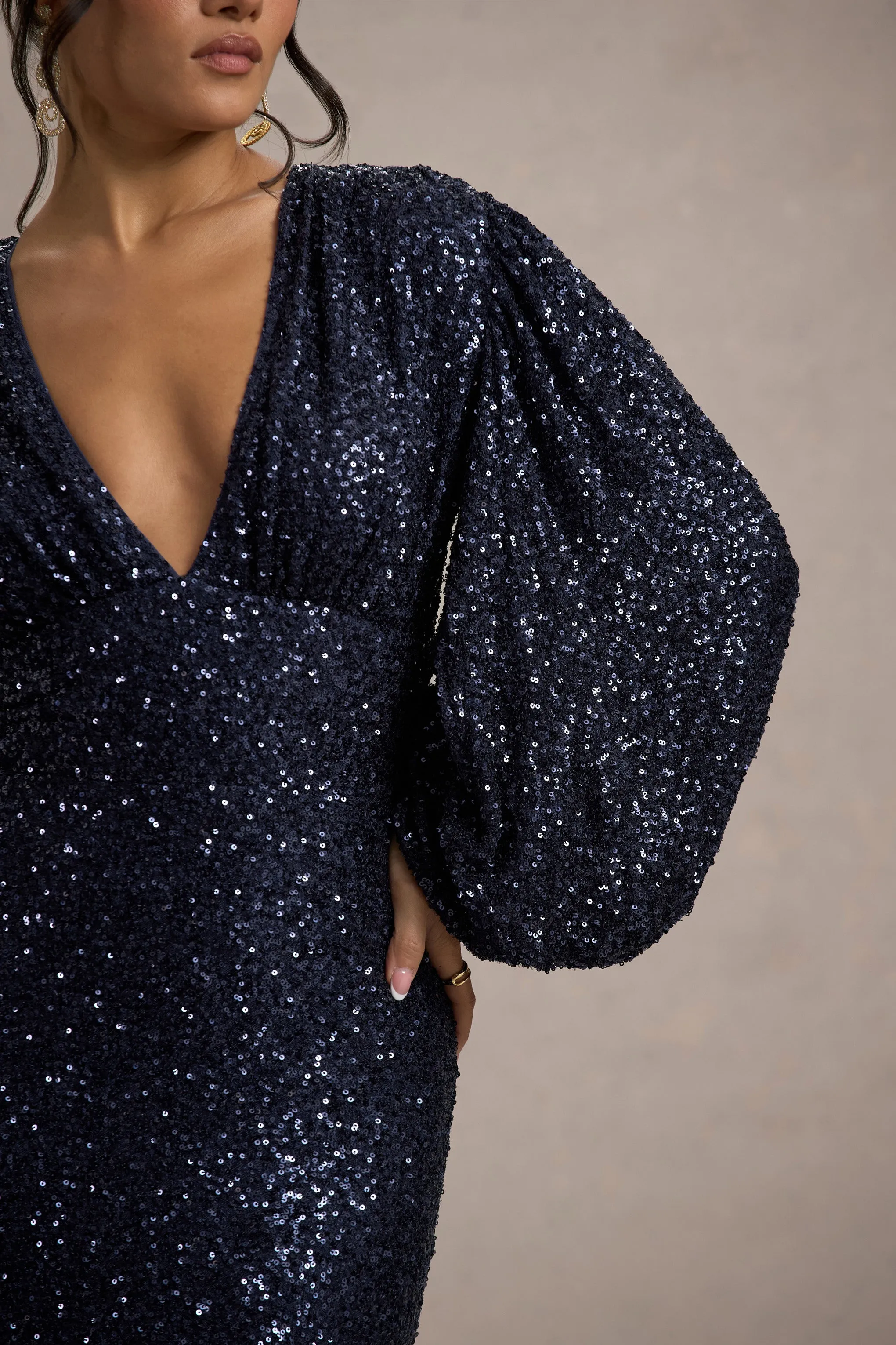 Kaelin | Navy Sequin Plunge-Neck Maxi Dress Club L London