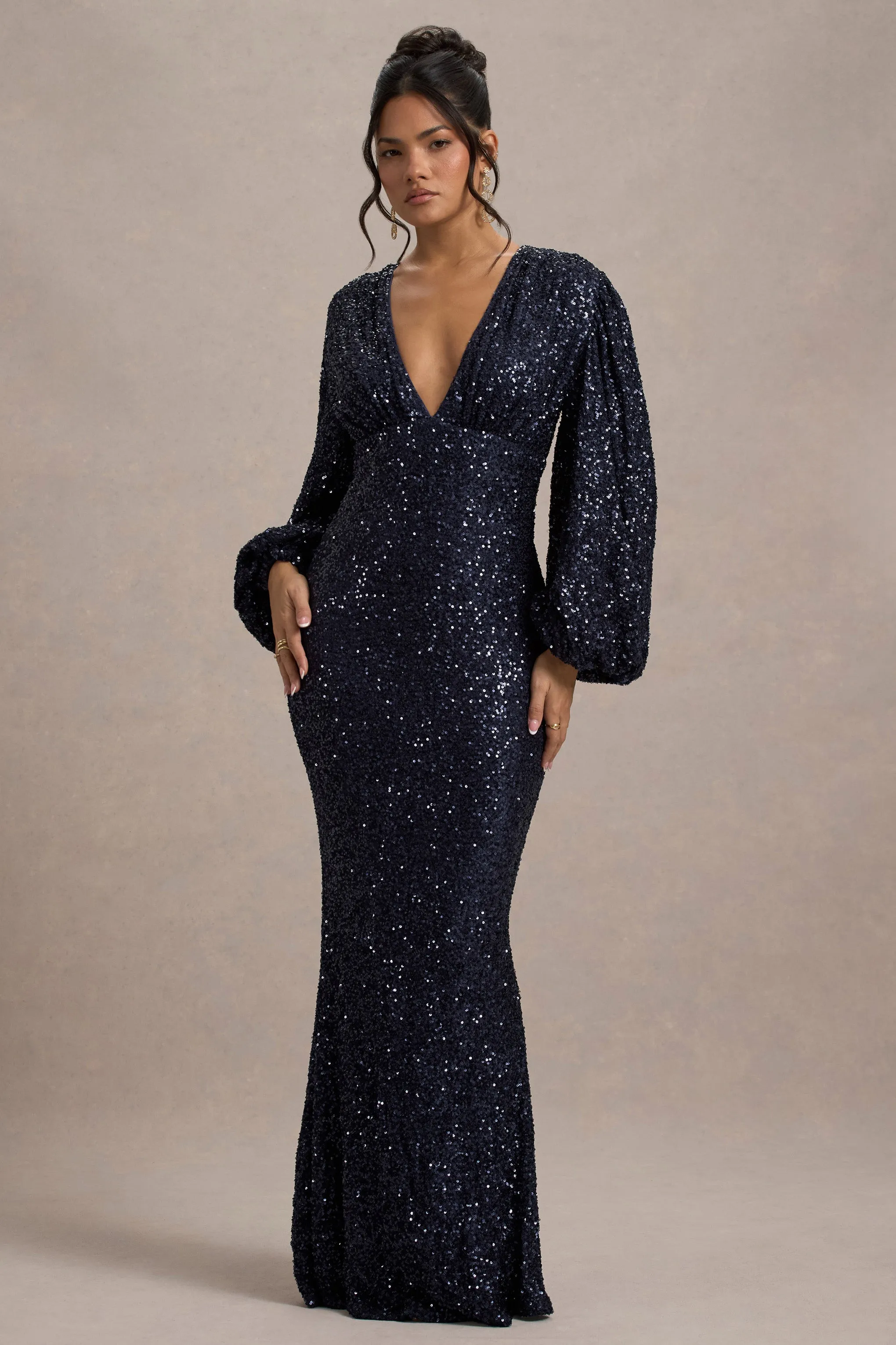 Kaelin | Navy Sequin Plunge-Neck Maxi Dress Club L London