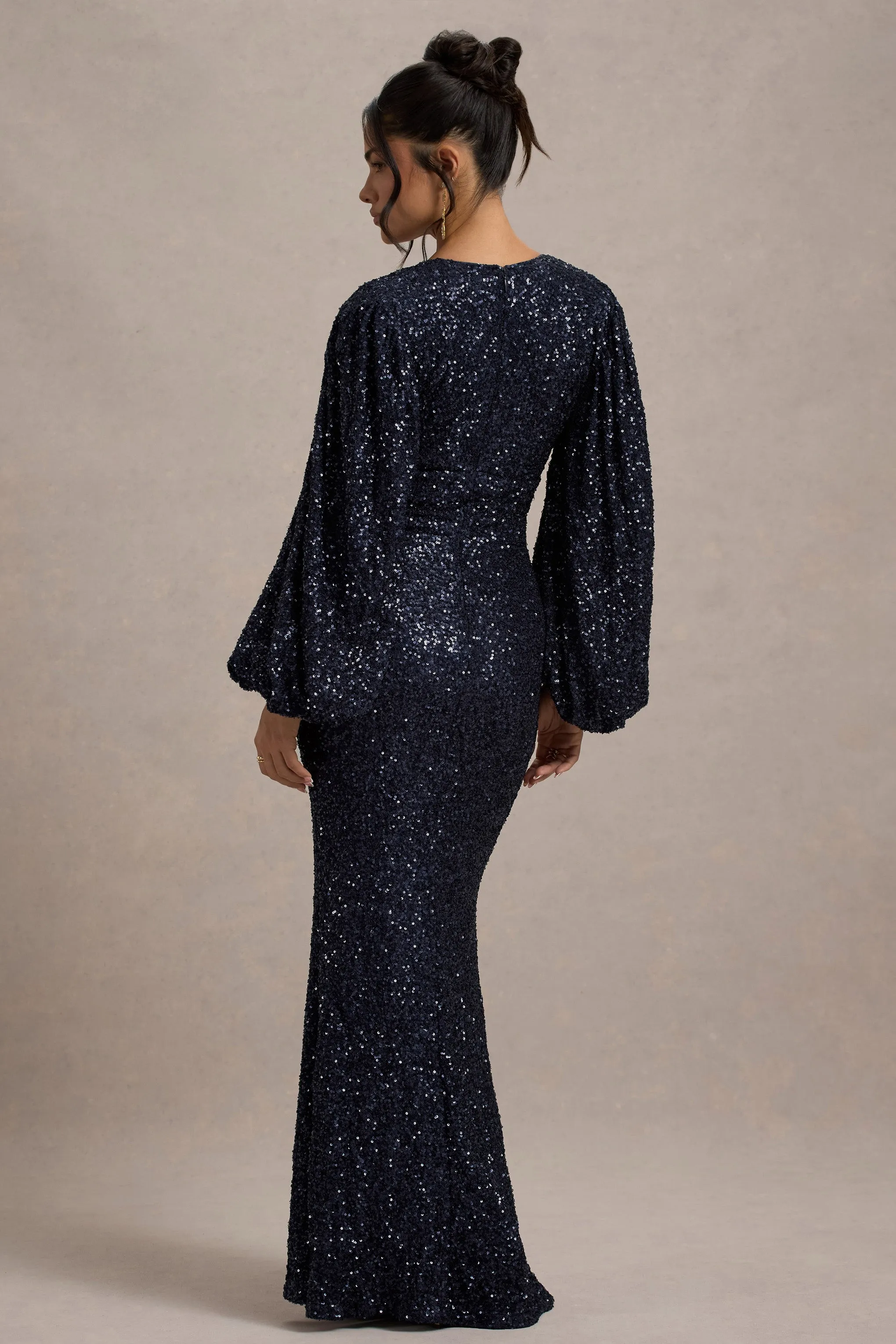 Kaelin | Navy Sequin Plunge-Neck Maxi Dress Club L London