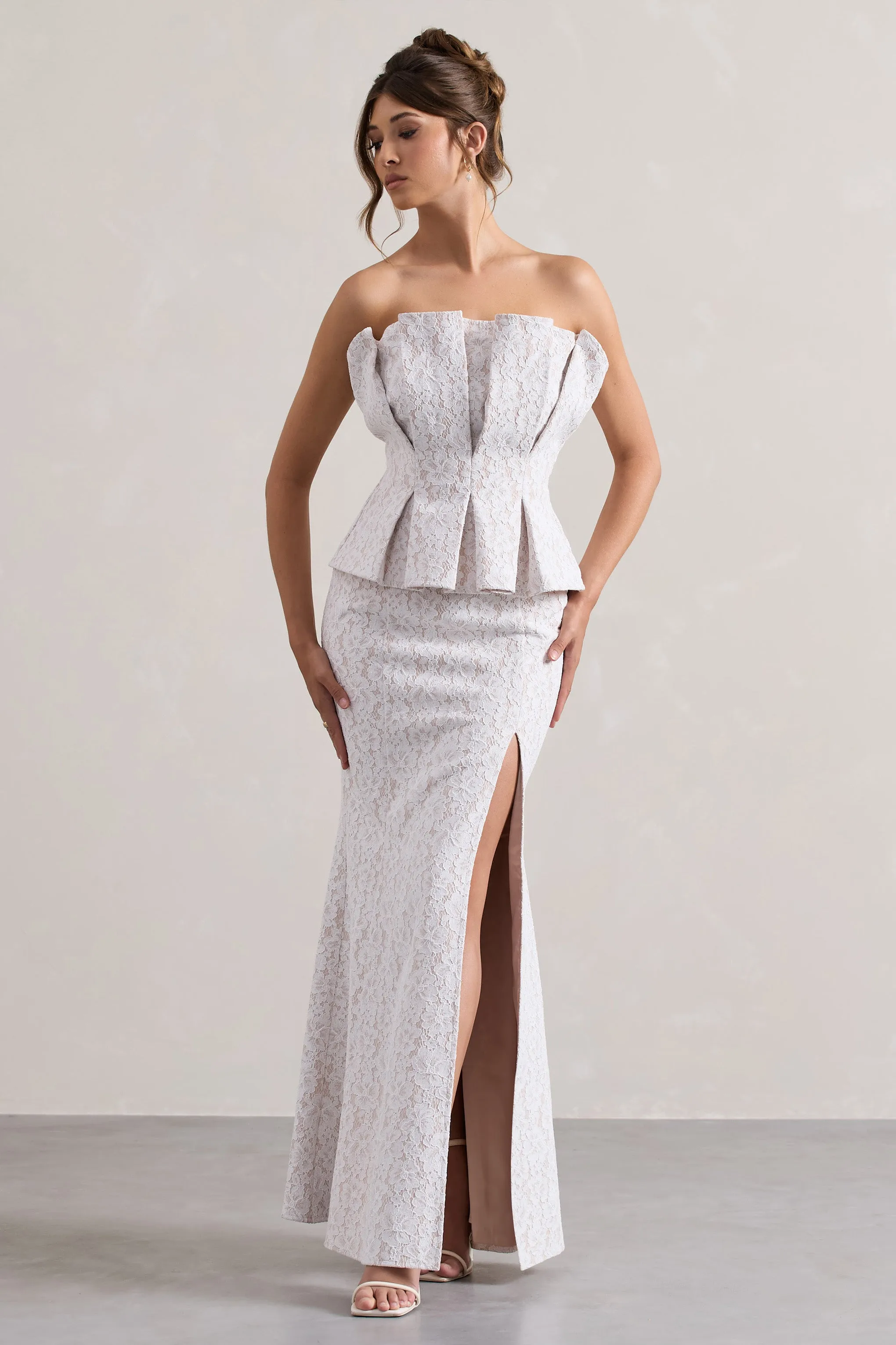 Kaleido | White Lace Strapless Ruffled Split Maxi Dress Club L London