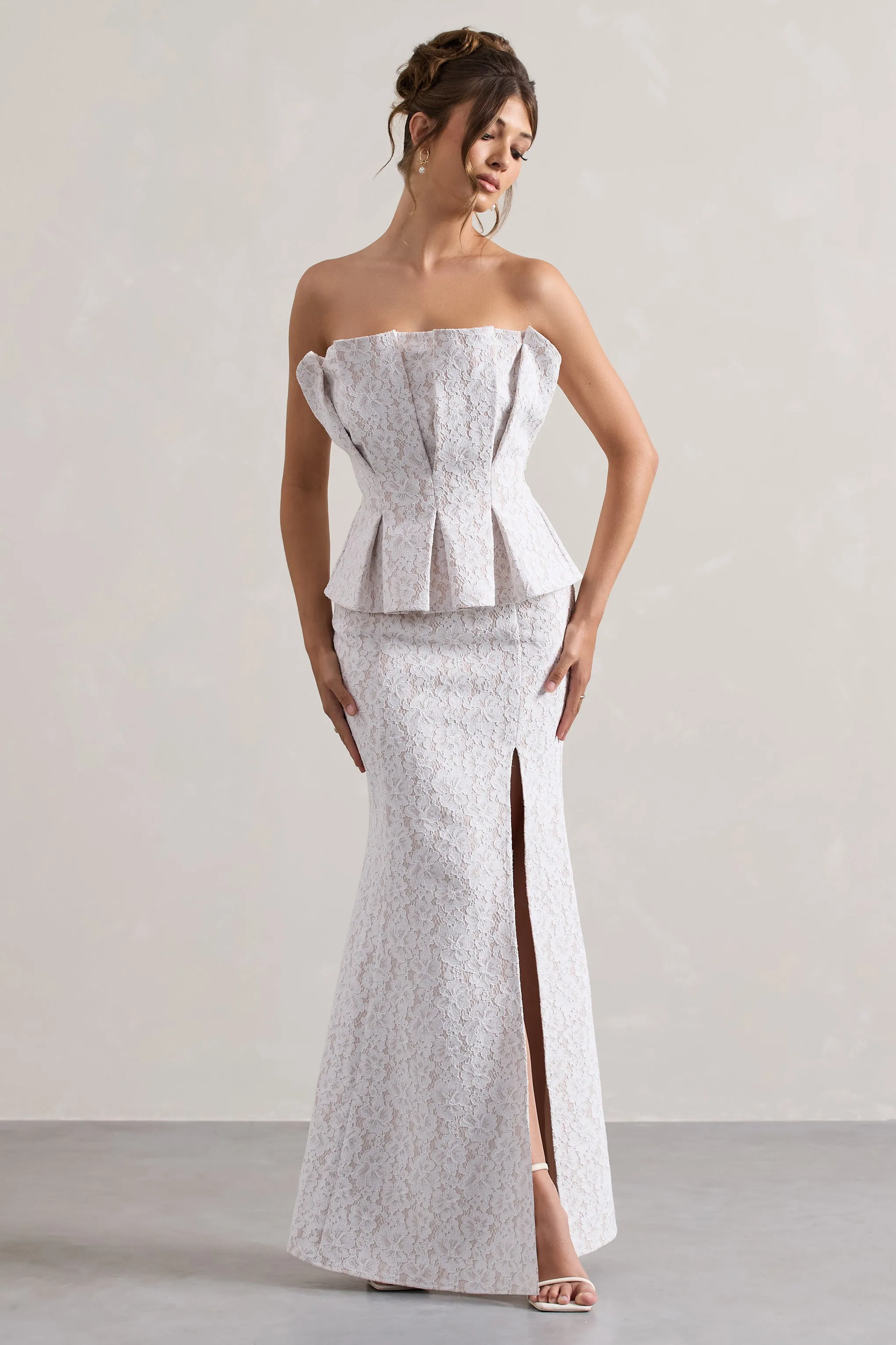 Kaleido | White Lace Strapless Ruffled Split Maxi Dress Club L London