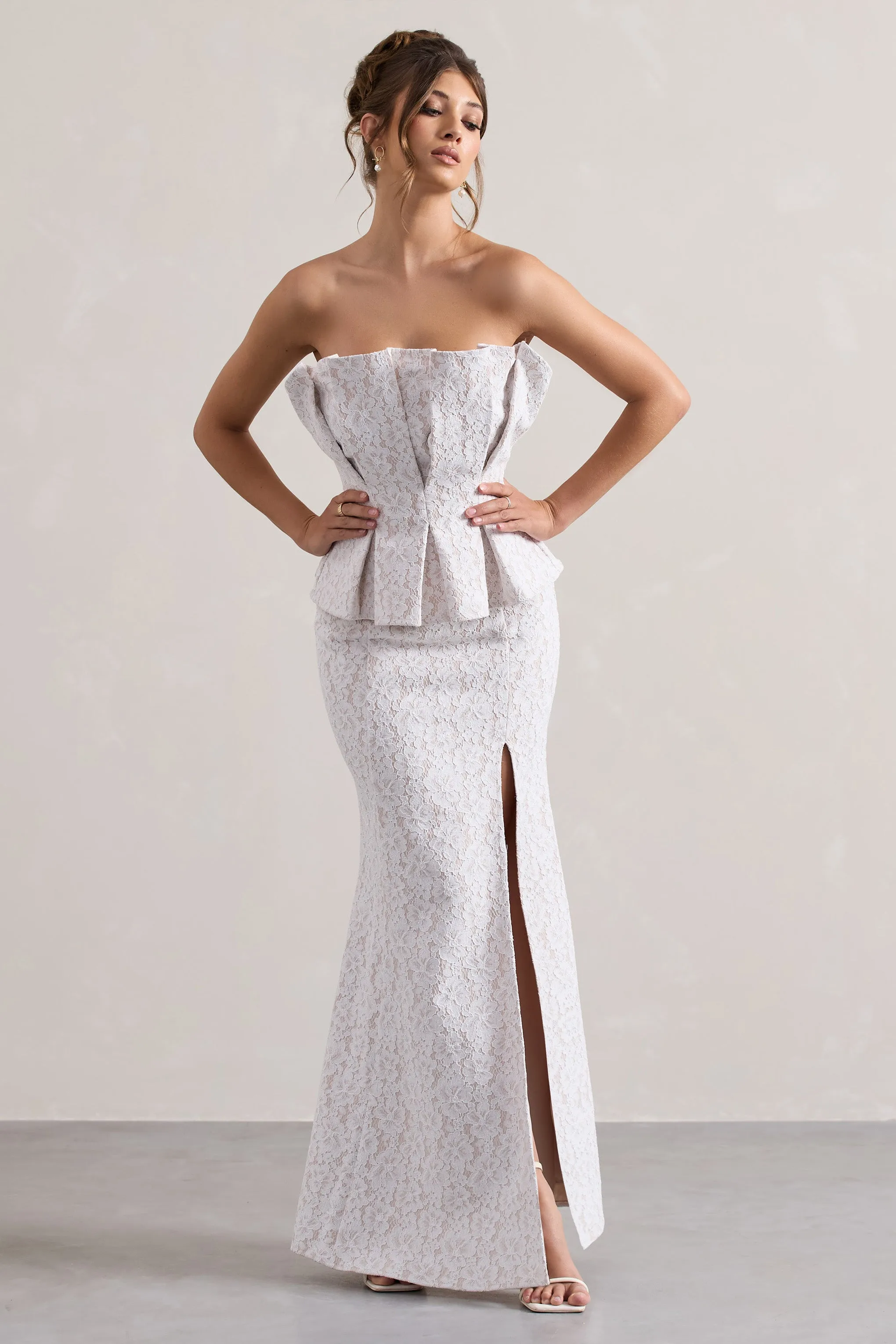 Kaleido | White Lace Strapless Ruffled Split Maxi Dress Club L London