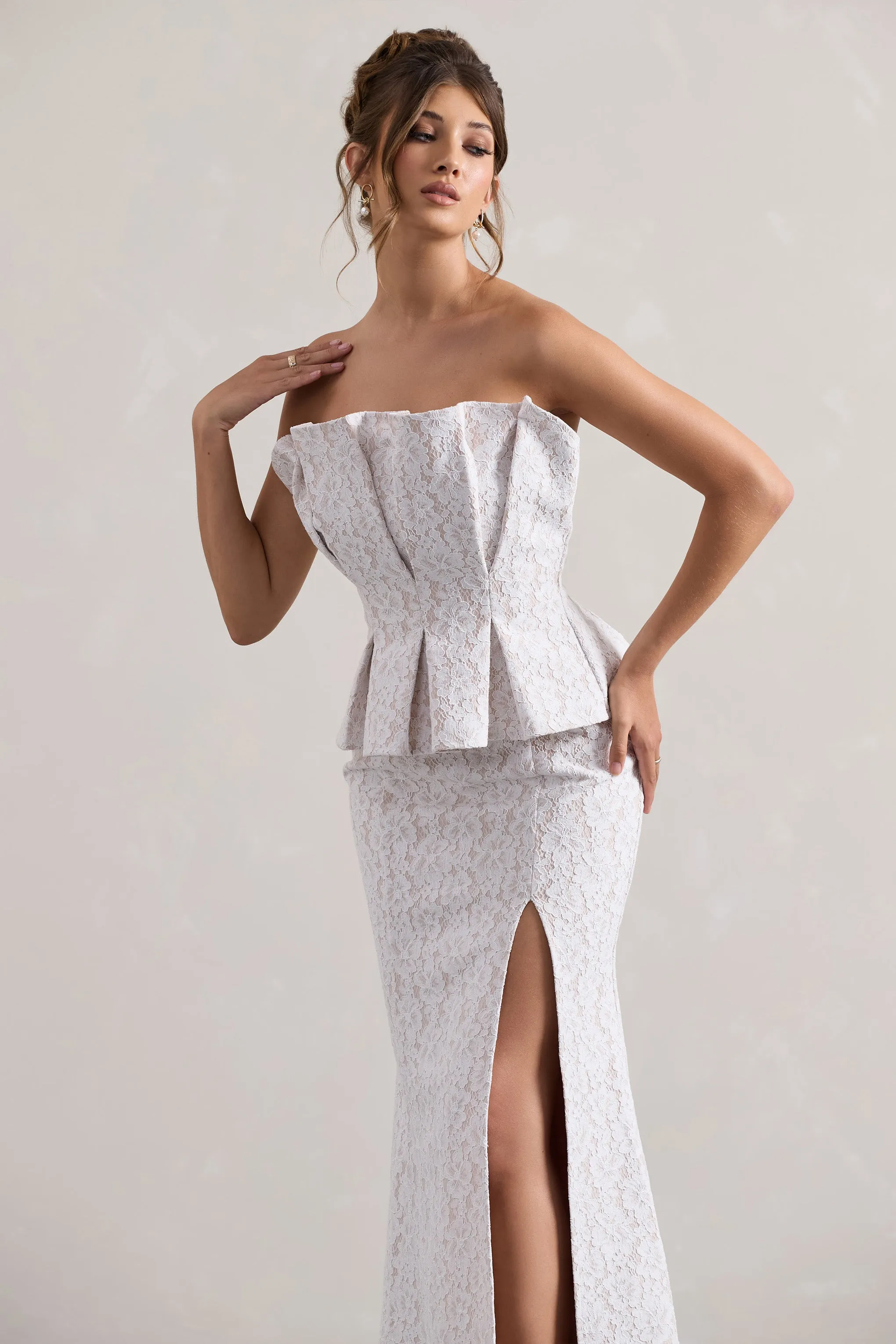 Kaleido | White Lace Strapless Ruffled Split Maxi Dress Club L London