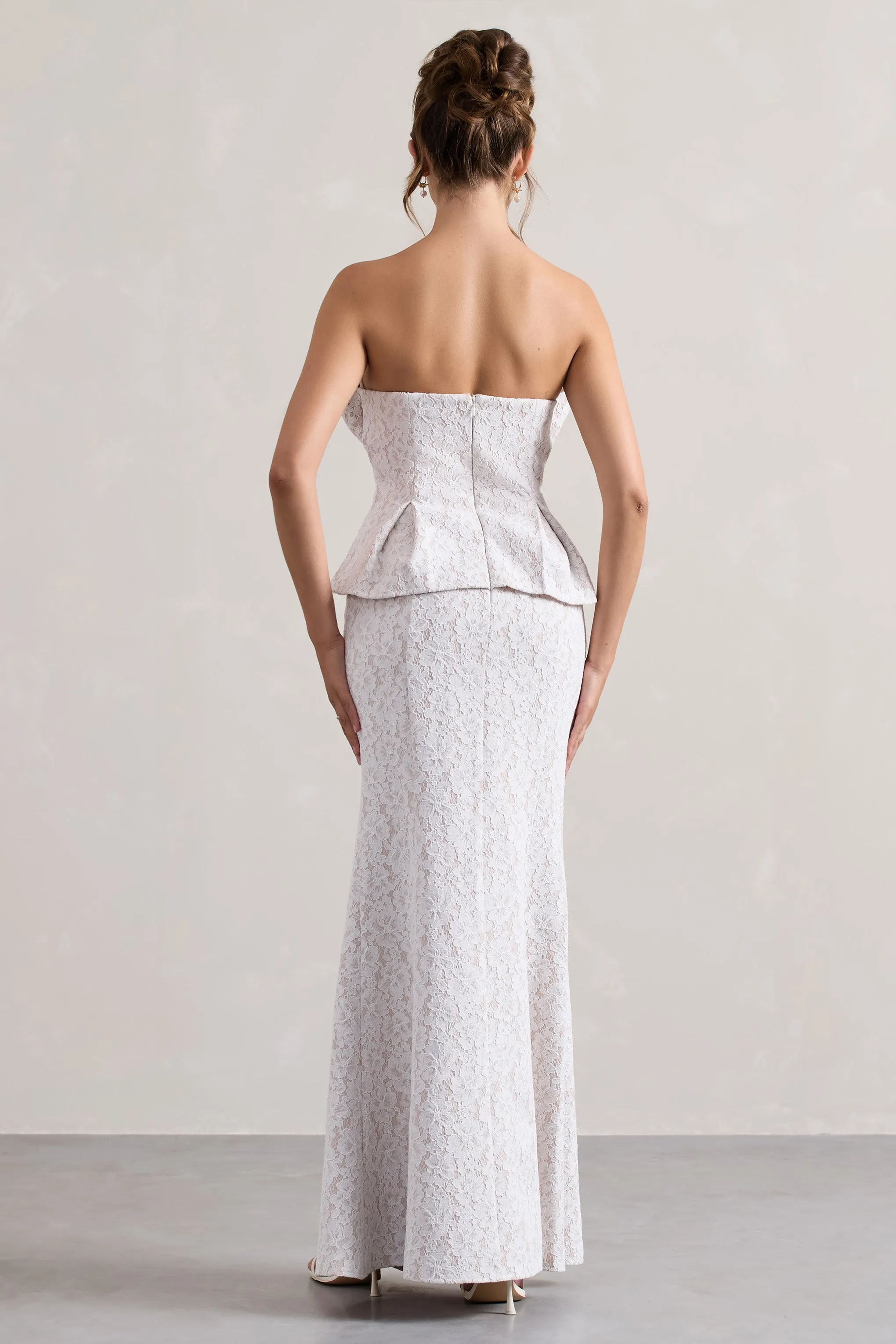 Kaleido | White Lace Strapless Ruffled Split Maxi Dress Club L London