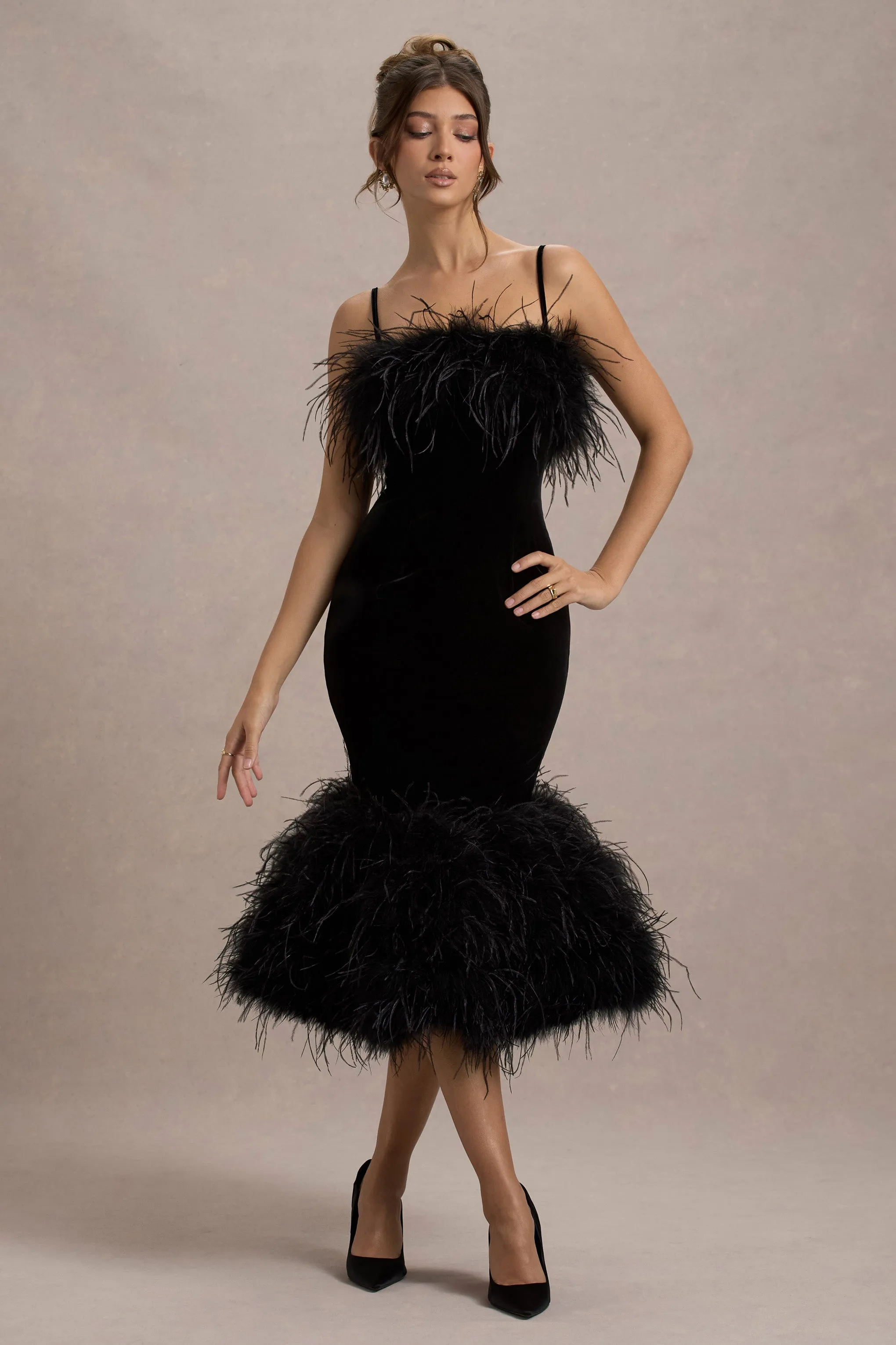 Kalena | Black Velvet Feather Trim Midi Dress Club L London