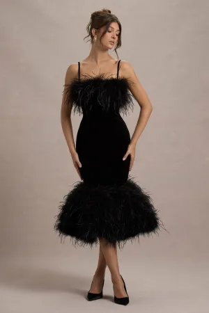 Kalena | Black Velvet Feather Trim Midi Dress Club L London
