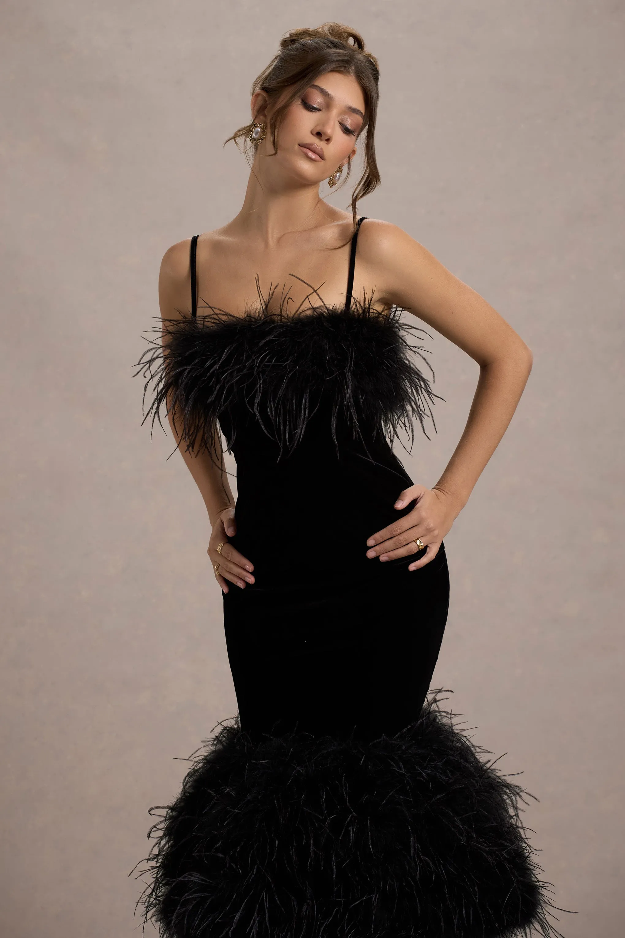 Kalena | Black Velvet Feather Trim Midi Dress Club L London