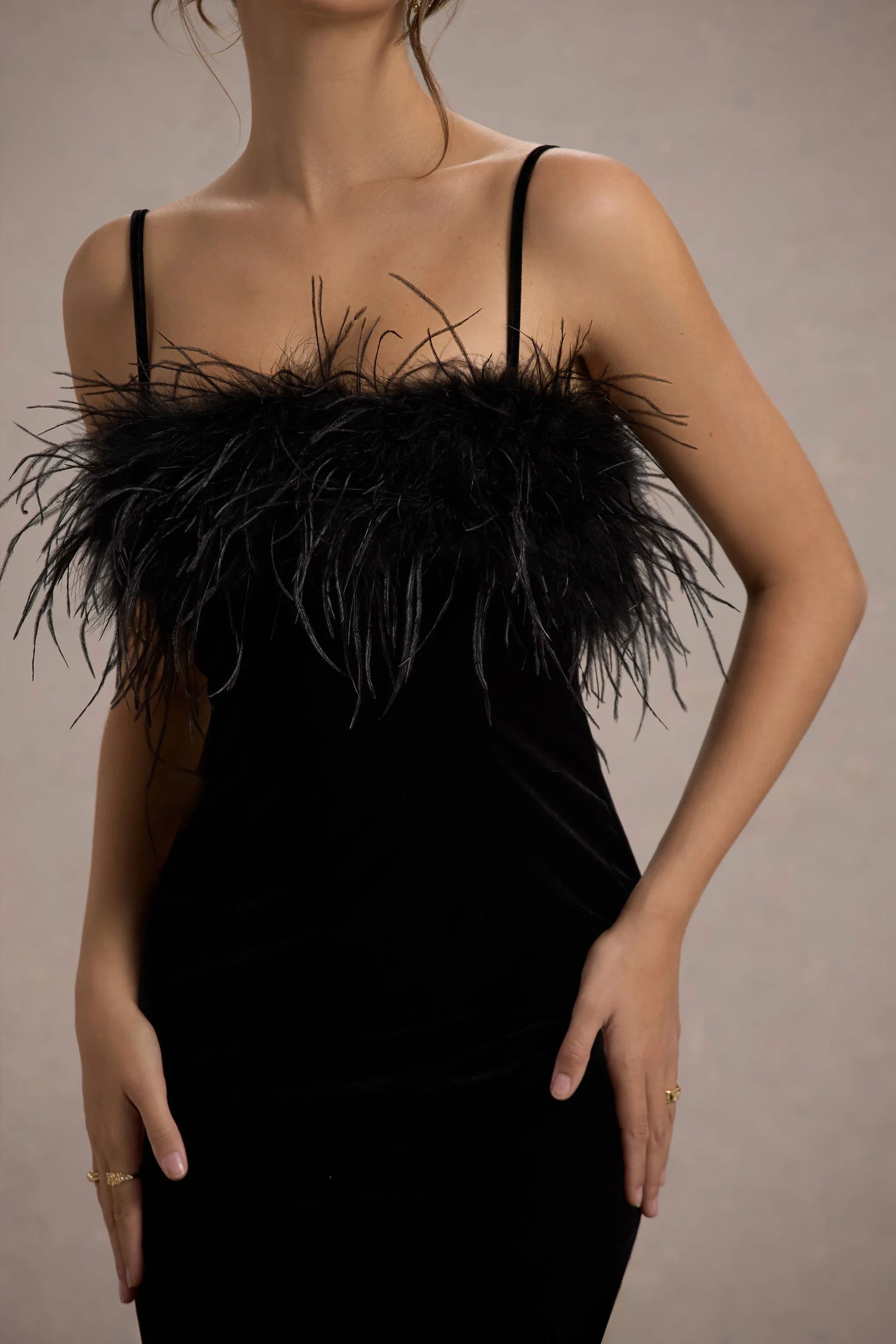 Kalena | Black Velvet Feather Trim Midi Dress Club L London