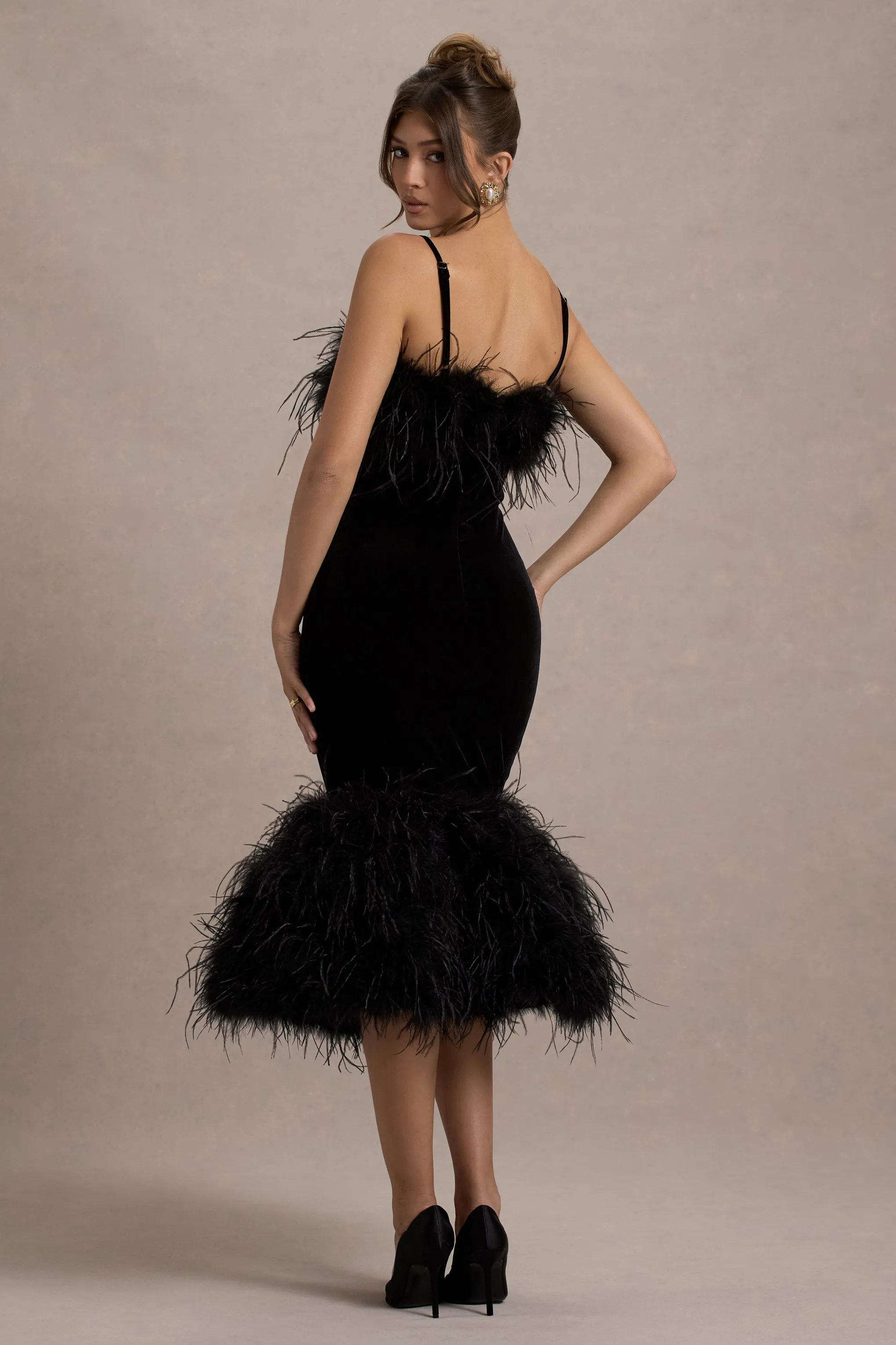 Kalena | Black Velvet Feather Trim Midi Dress Club L London