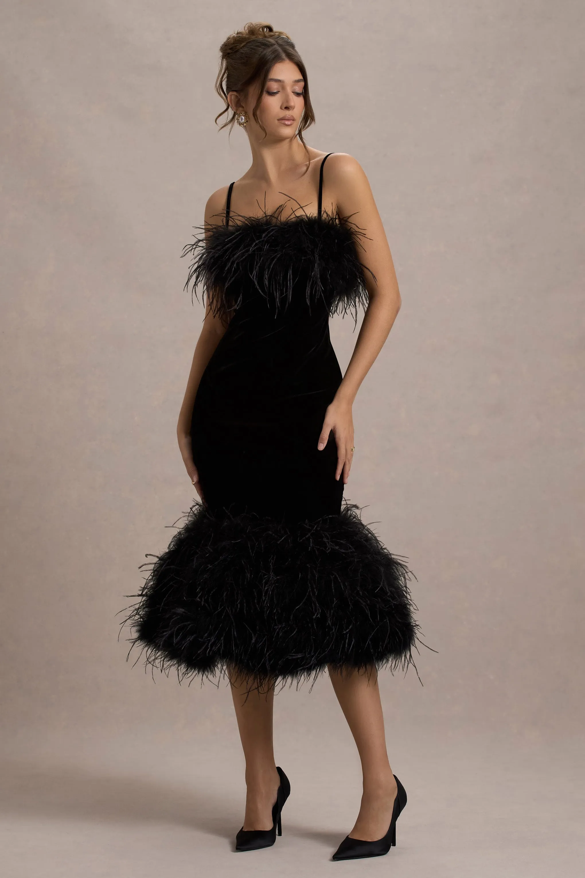 Kalena | Black Velvet Feather Trim Midi Dress Club L London