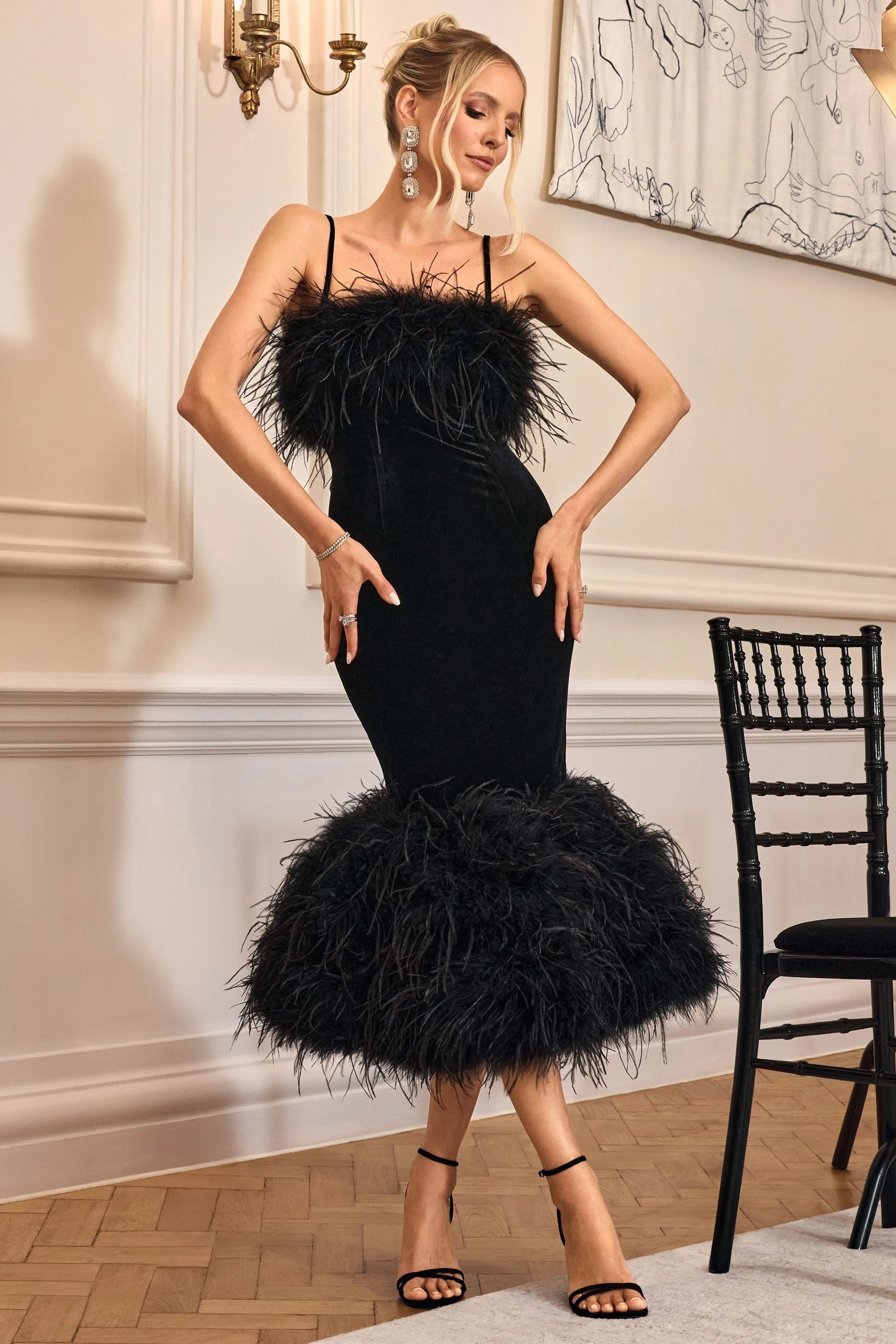 Kalena | Black Velvet Feather Trim Midi Dress Club L London