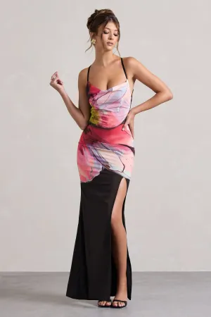 Kali | Black Floral Print Cowl-Neck Open-Back Split Maxi Dress Club L London
