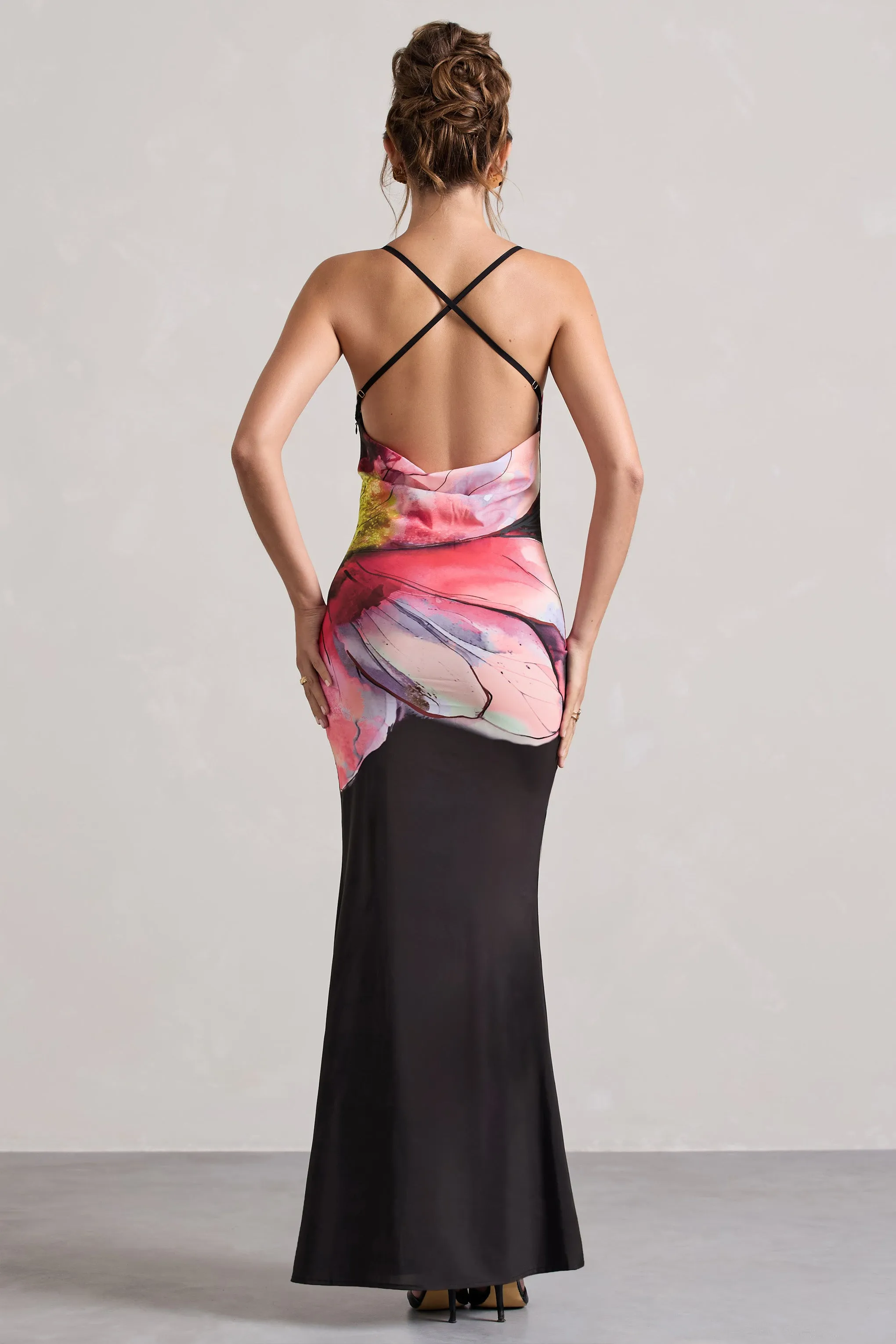 Kali | Black Floral Print Cowl-Neck Open-Back Split Maxi Dress Club L London