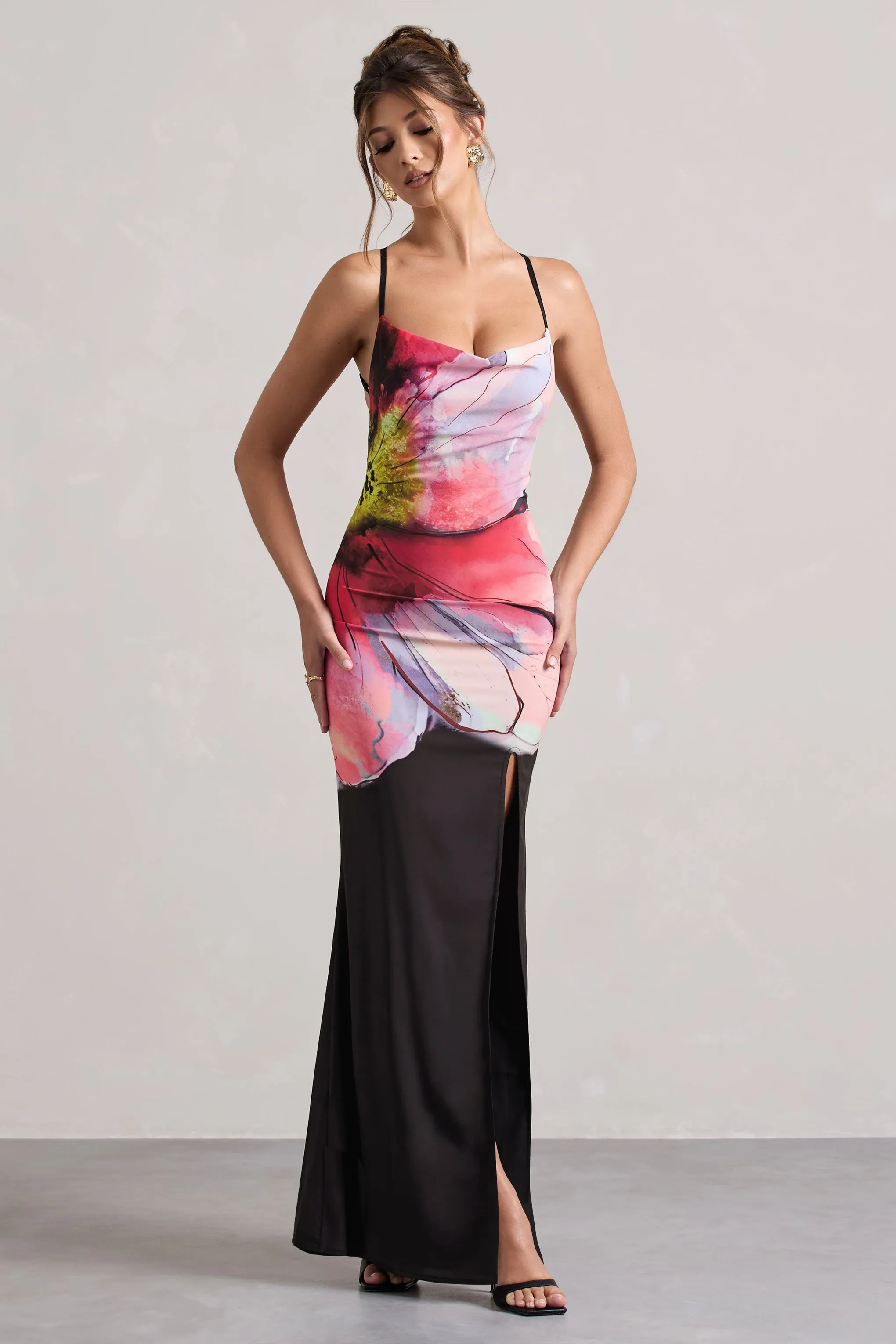 Kali | Black Floral Print Cowl-Neck Open-Back Split Maxi Dress Club L London