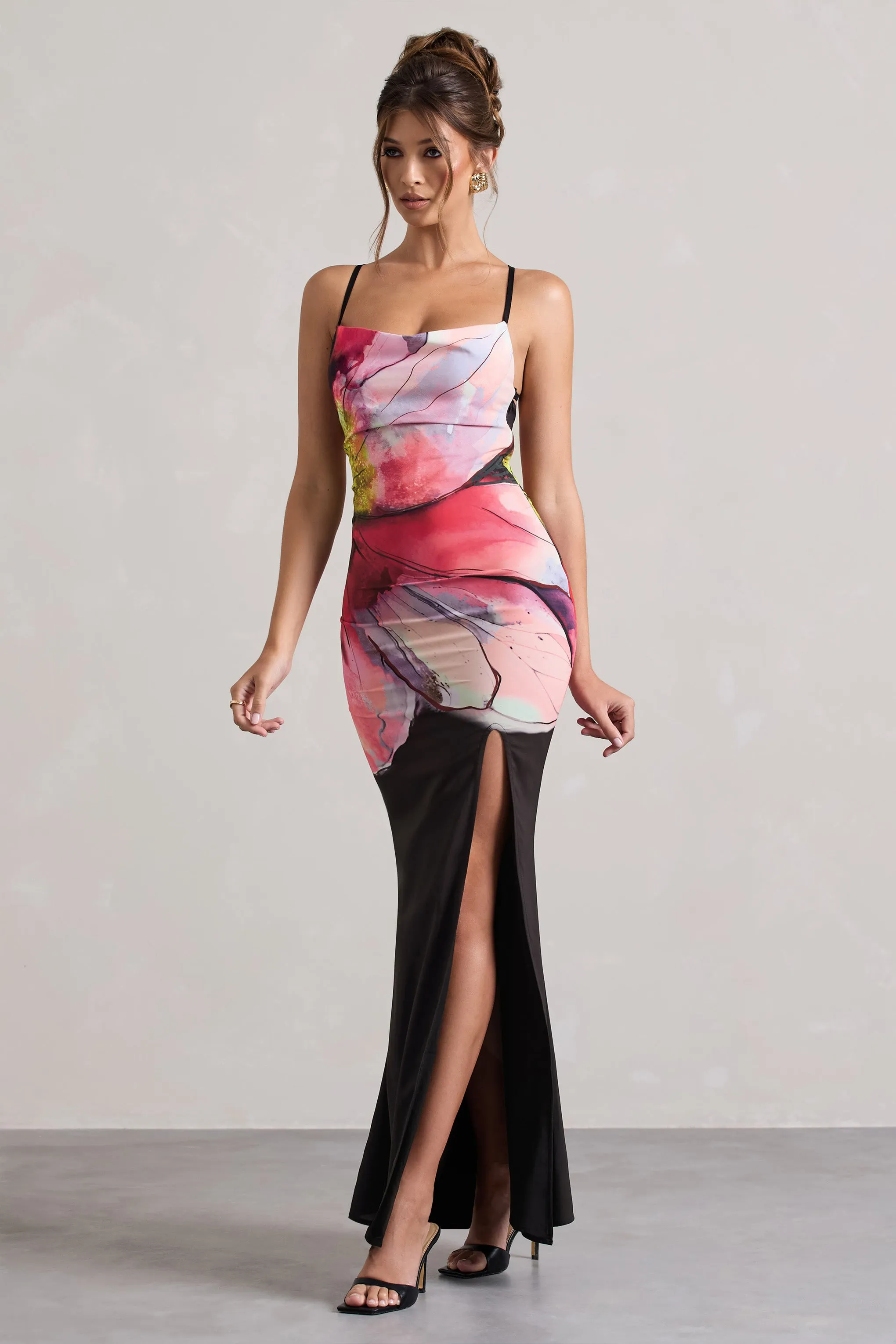 Kali | Black Floral Print Cowl-Neck Open-Back Split Maxi Dress Club L London