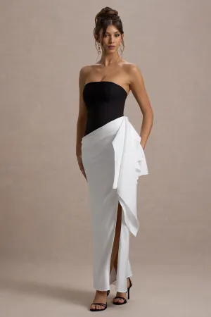 Kalinda | Black And White Strapless Maxi Dress With Draped Skirt Club L London