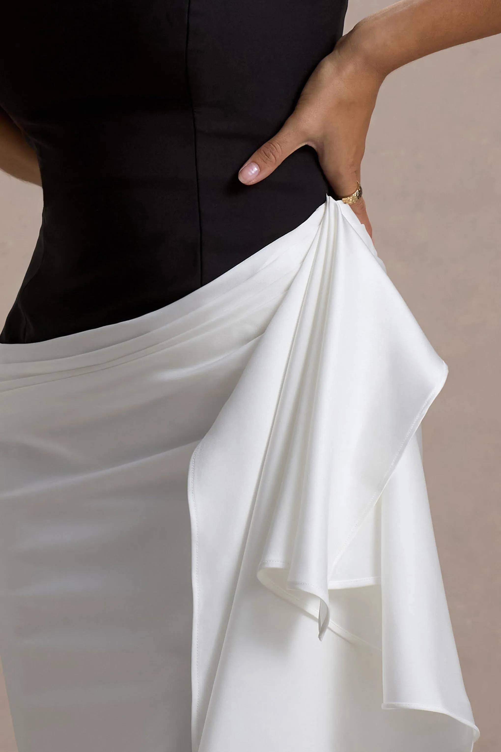 Kalinda | Black And White Strapless Maxi Dress With Draped Skirt Club L London